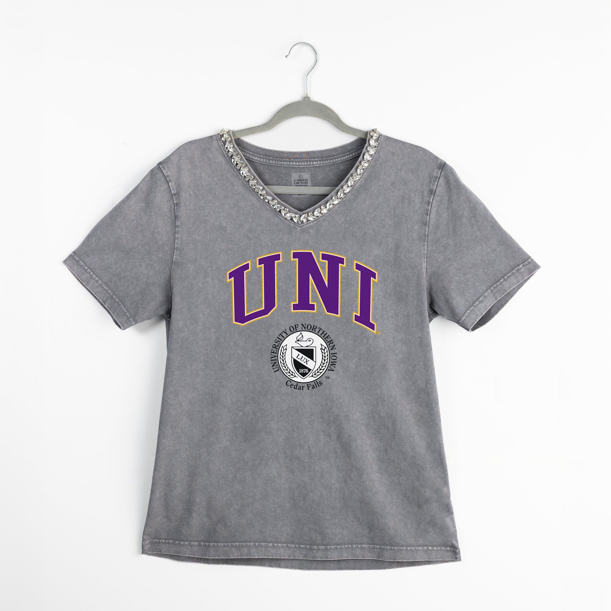 NORTHERN IOWA PANTHERS ICONIC EDGE RHINESTONE TRIM V-NECK TEE