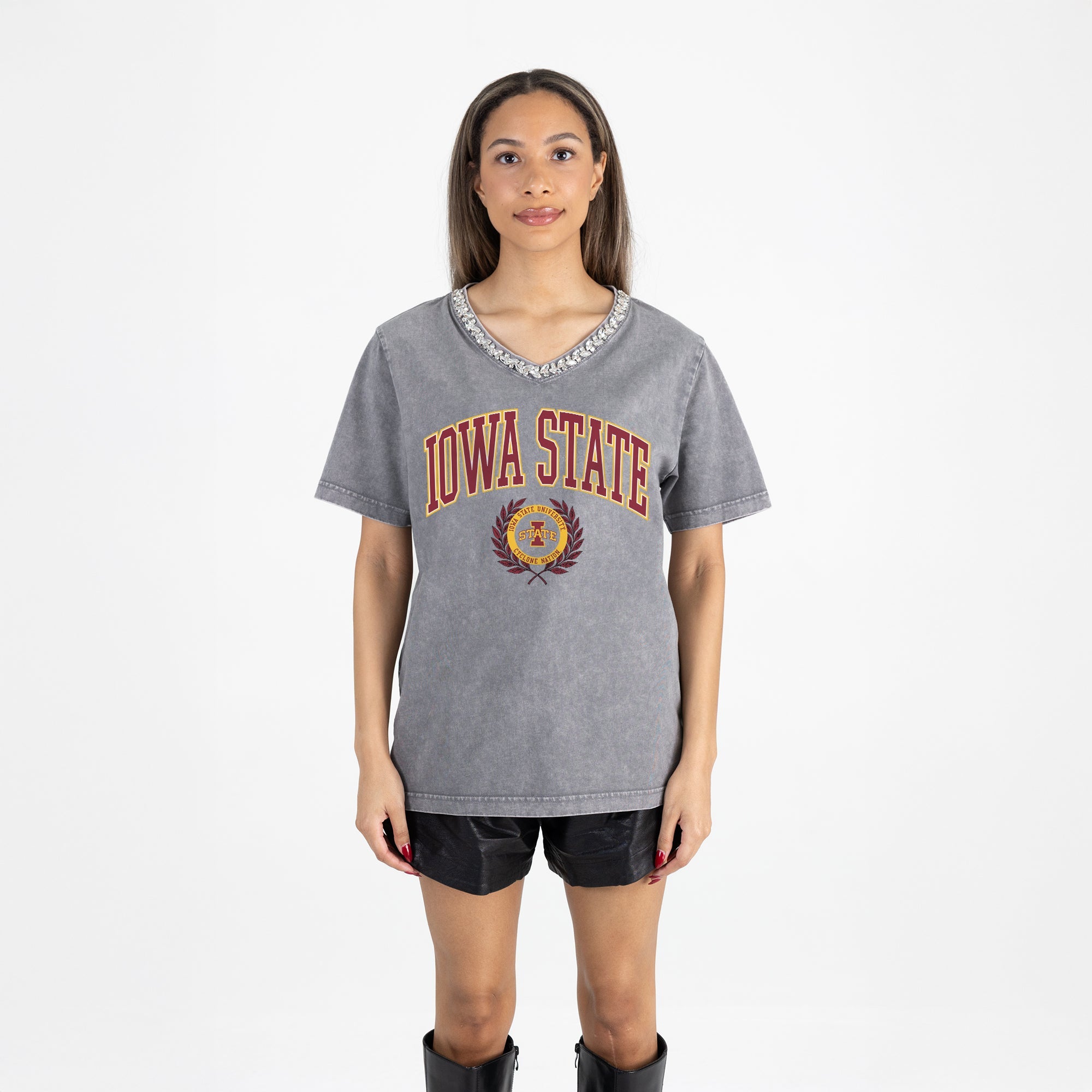 IOWA STATE CYCLONES ICONIC EDGE RHINESTONE TRIM V-NECK TEE