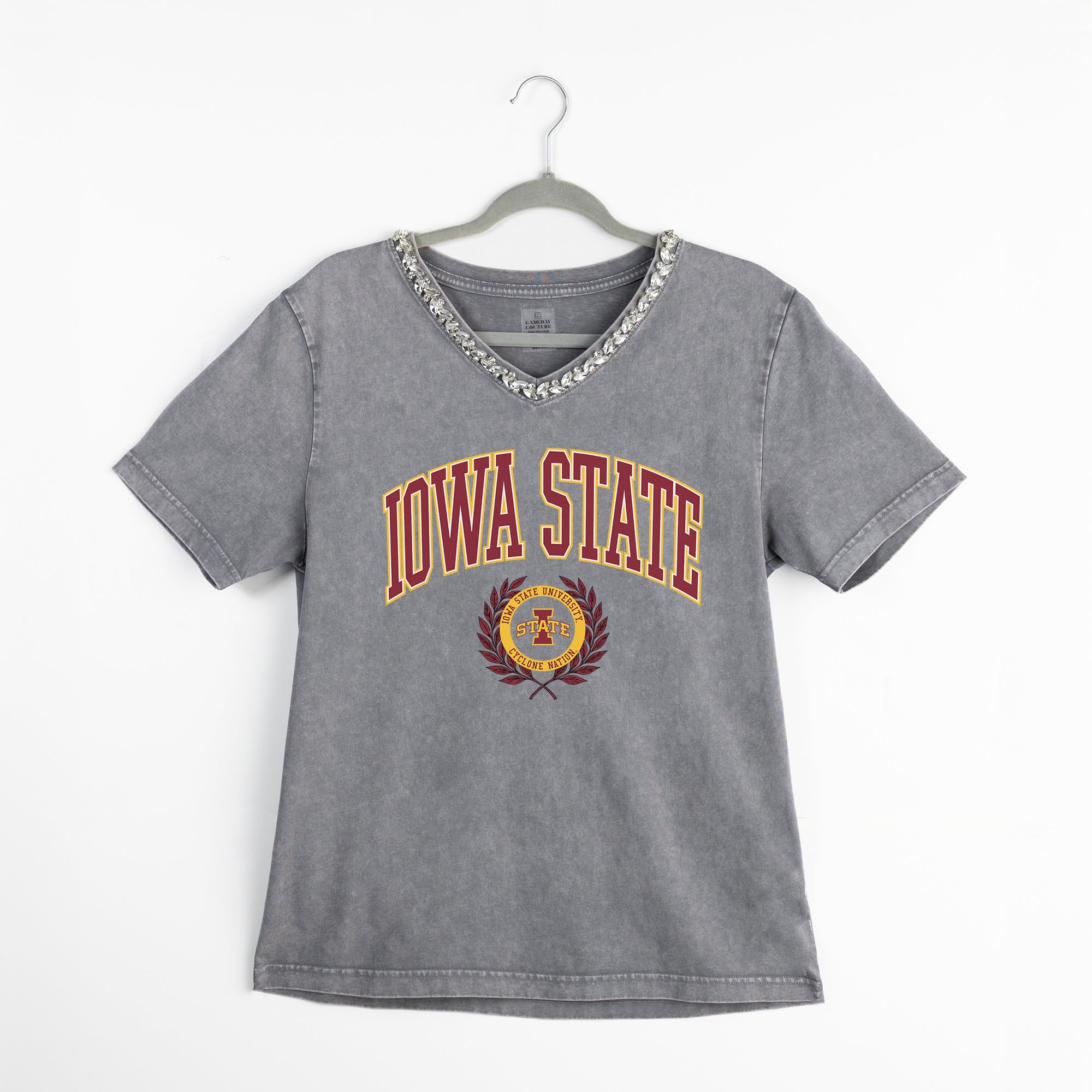 IOWA STATE CYCLONES ICONIC EDGE RHINESTONE TRIM V-NECK TEE