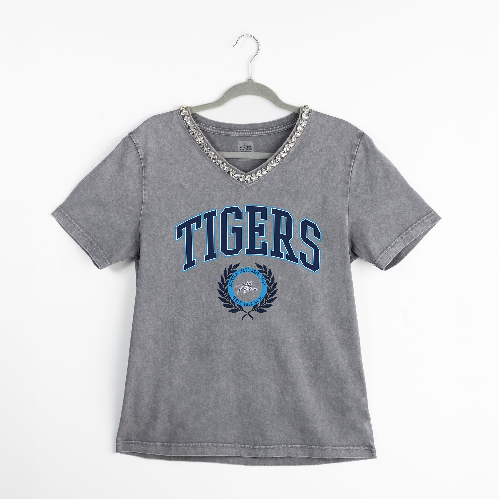 JACKSON STATE TIGERS ICONIC EDGE RHINESTONE TRIM V-NECK TEE