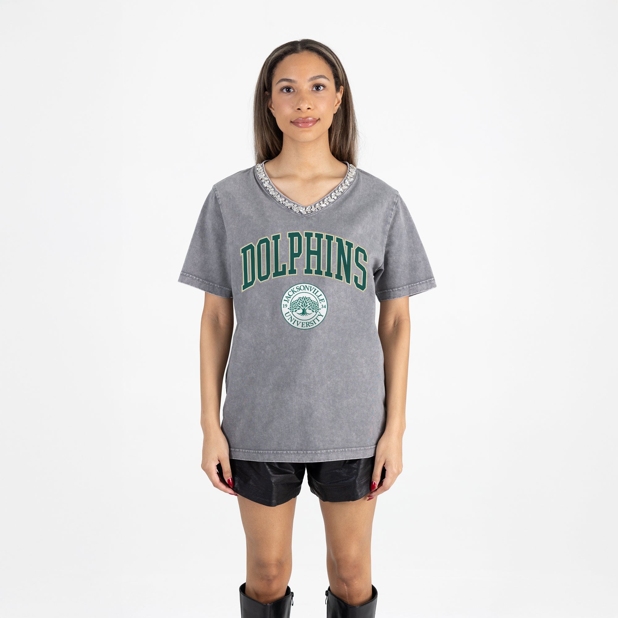 JACKSONVILLE DOLPHINS ICONIC EDGE RHINESTONE TRIM V-NECK TEE