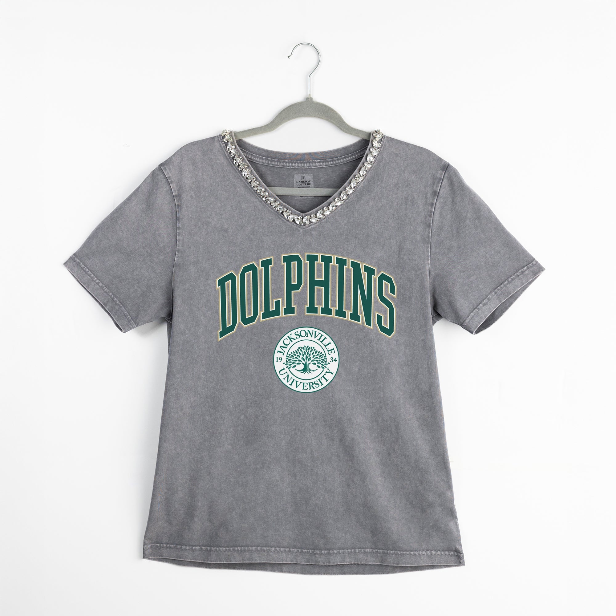 JACKSONVILLE DOLPHINS ICONIC EDGE RHINESTONE TRIM V-NECK TEE