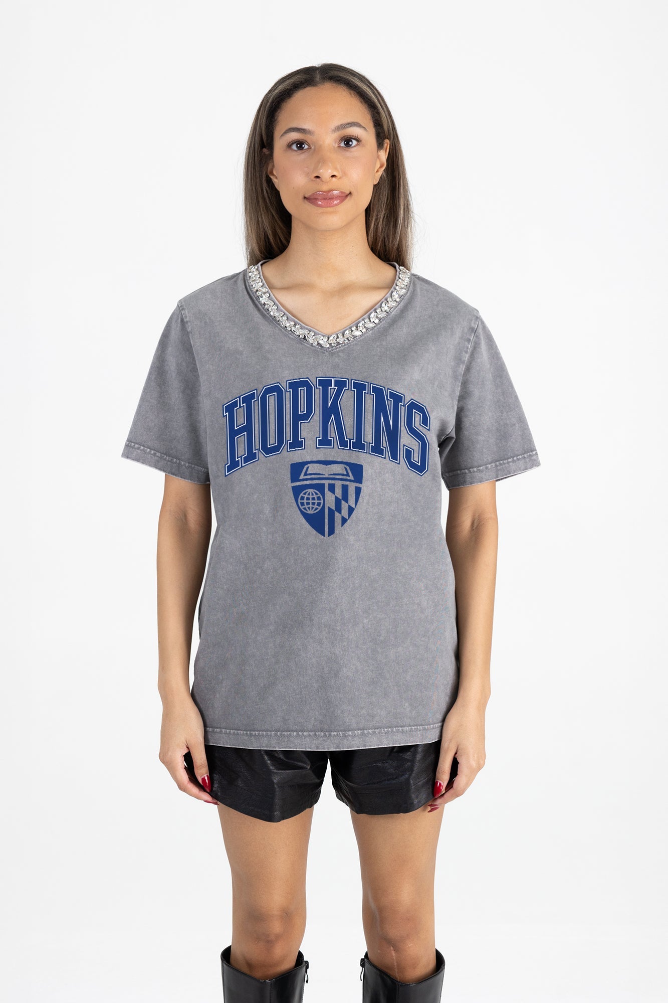 JOHNS HOPKINS BLUEJAYS ICONIC EDGE RHINESTONE TRIM V-NECK TEE
