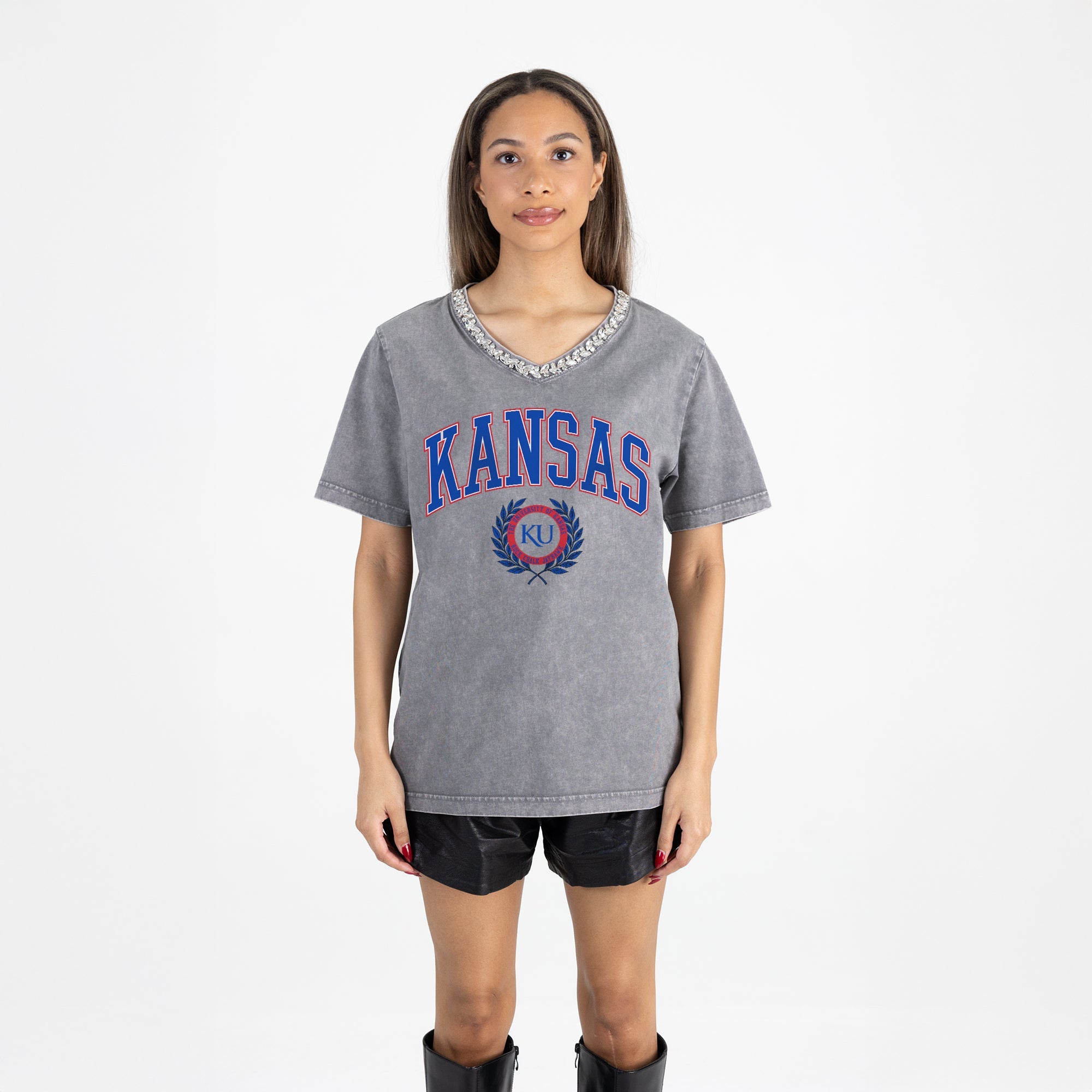 KANSAS JAYHAWKS ICONIC EDGE RHINESTONE TRIM V-NECK TEE