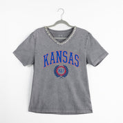 KANSAS JAYHAWKS ICONIC EDGE RHINESTONE TRIM V-NECK TEE