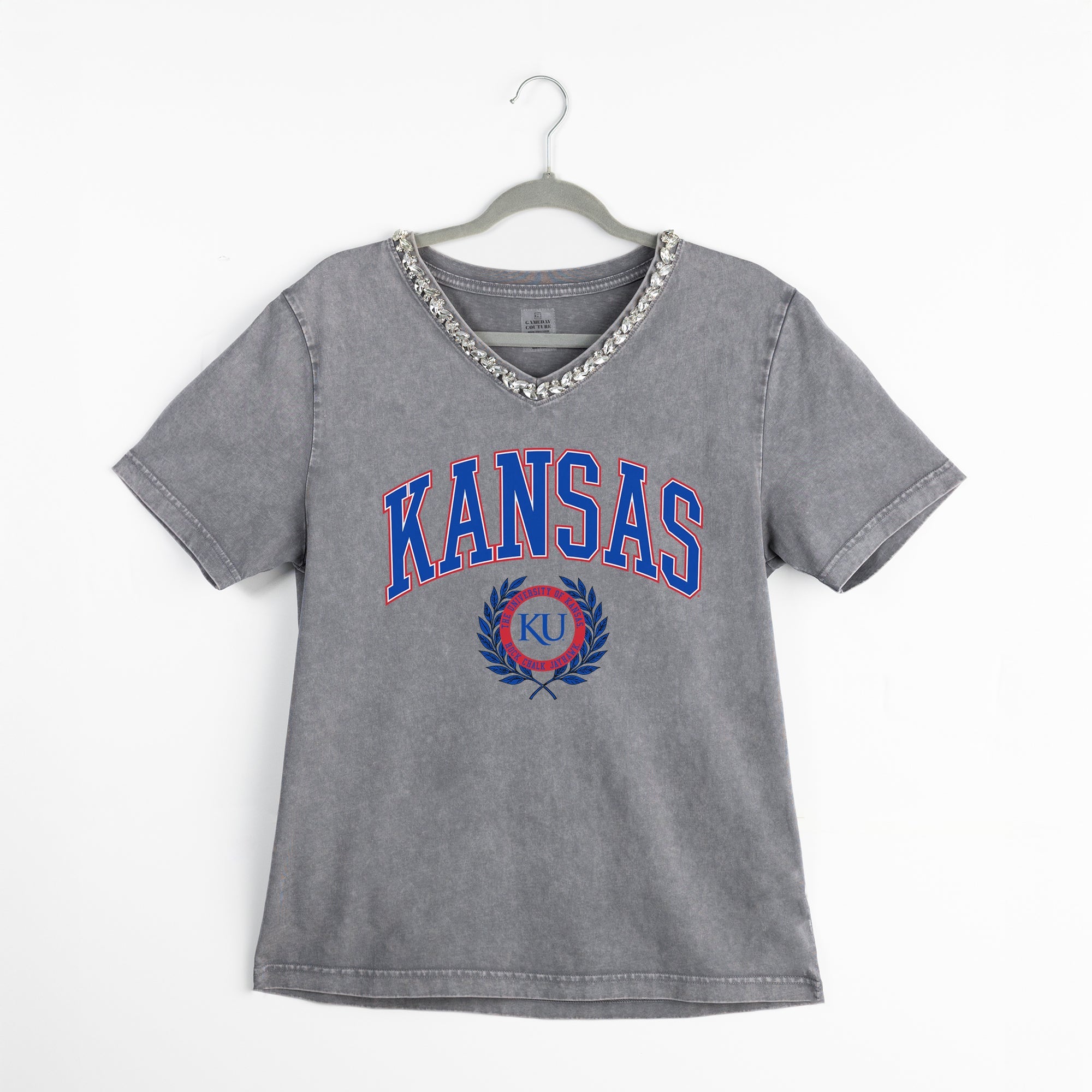 KANSAS JAYHAWKS ICONIC EDGE RHINESTONE TRIM V-NECK TEE