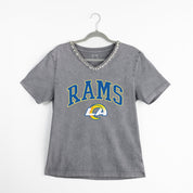 LOS ANGELES RAMS ICONIC EDGE RHINESTONE TRIM V-NECK TEE