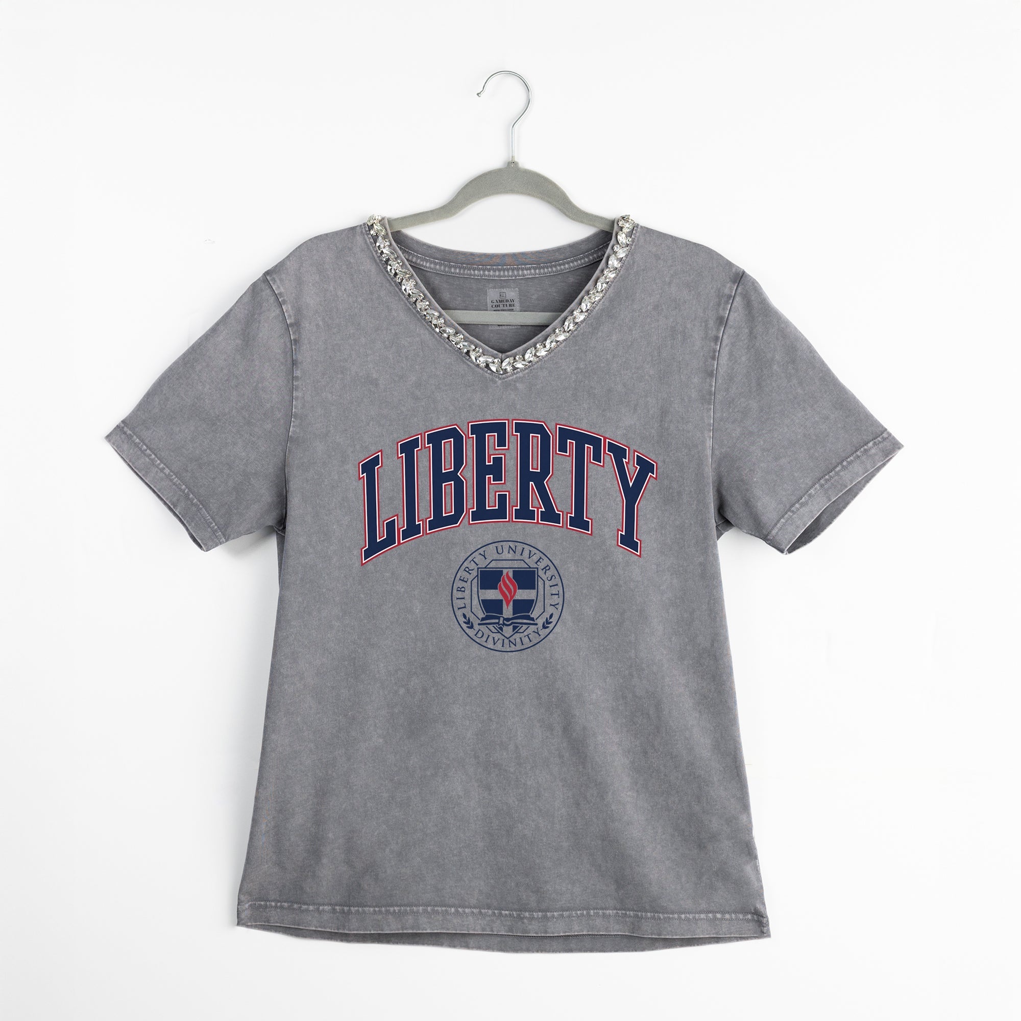 LIBERTY FLAMES ICONIC EDGE RHINESTONE TRIM V-NECK TEE