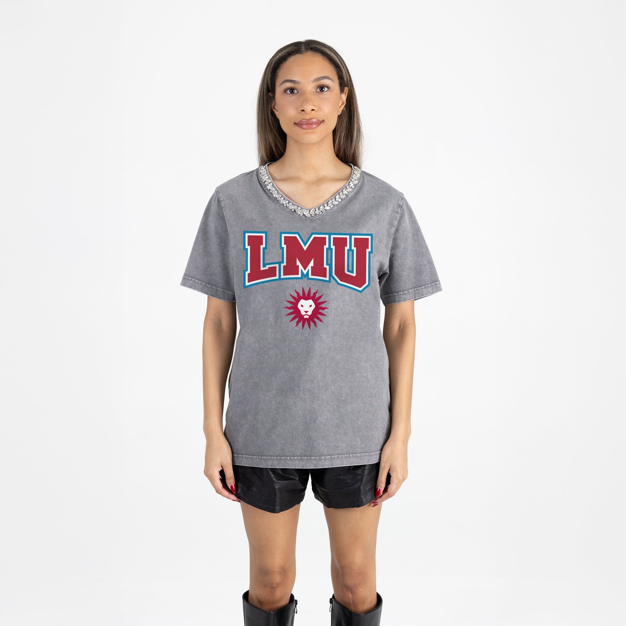 LOYOLA MARYMOUNT LIONS ICONIC EDGE RHINESTONE TRIM V-NECK TEE