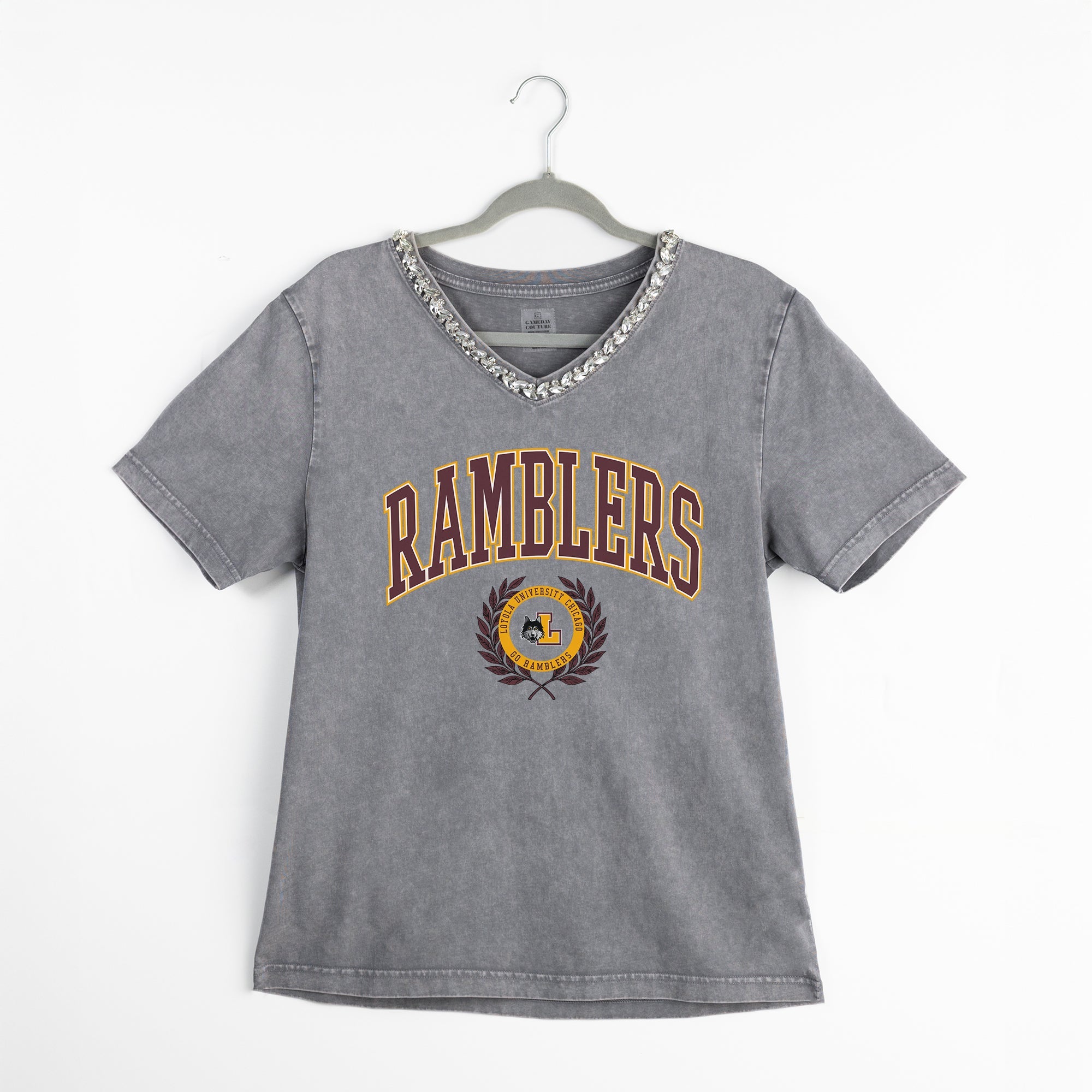 LOYOLA RAMBLERS ICONIC EDGE RHINESTONE TRIM V-NECK TEE