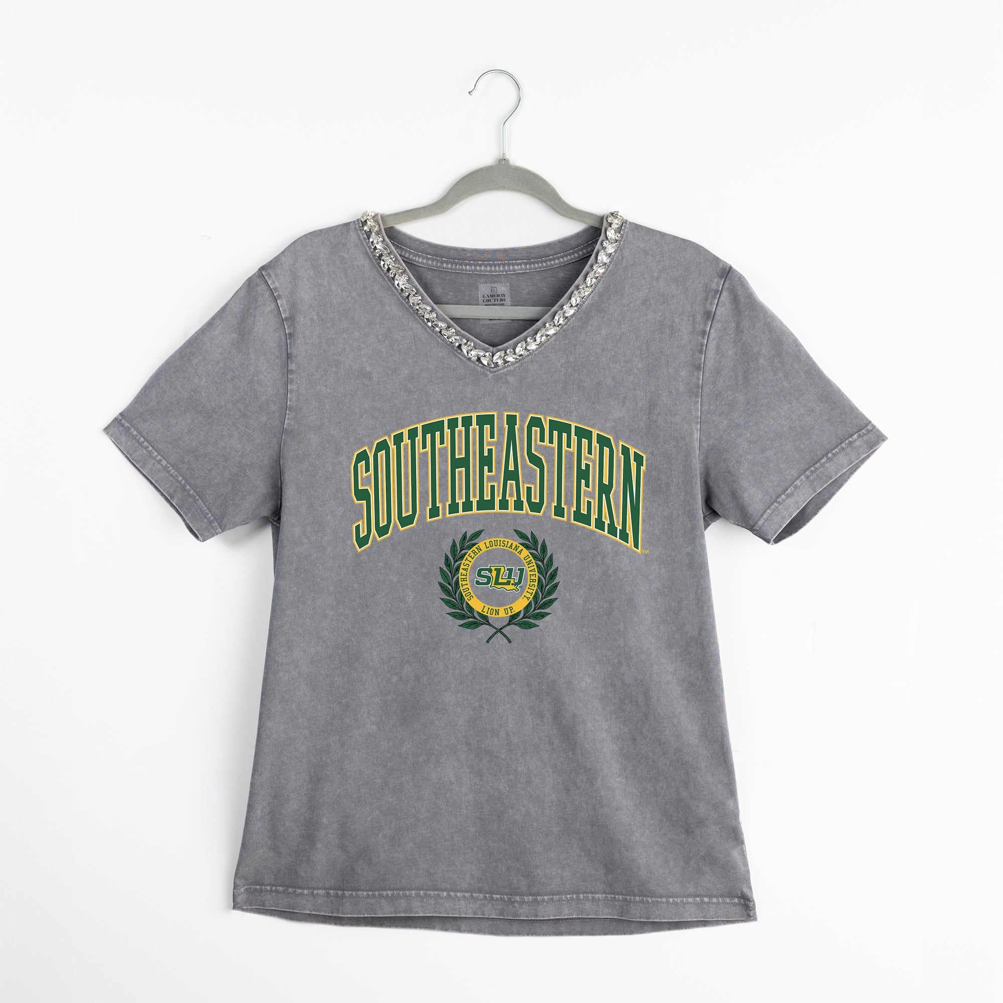 SOUTHEASTERN LOUISIANA LIONS ICONIC EDGE RHINESTONE TRIM V-NECK TEE