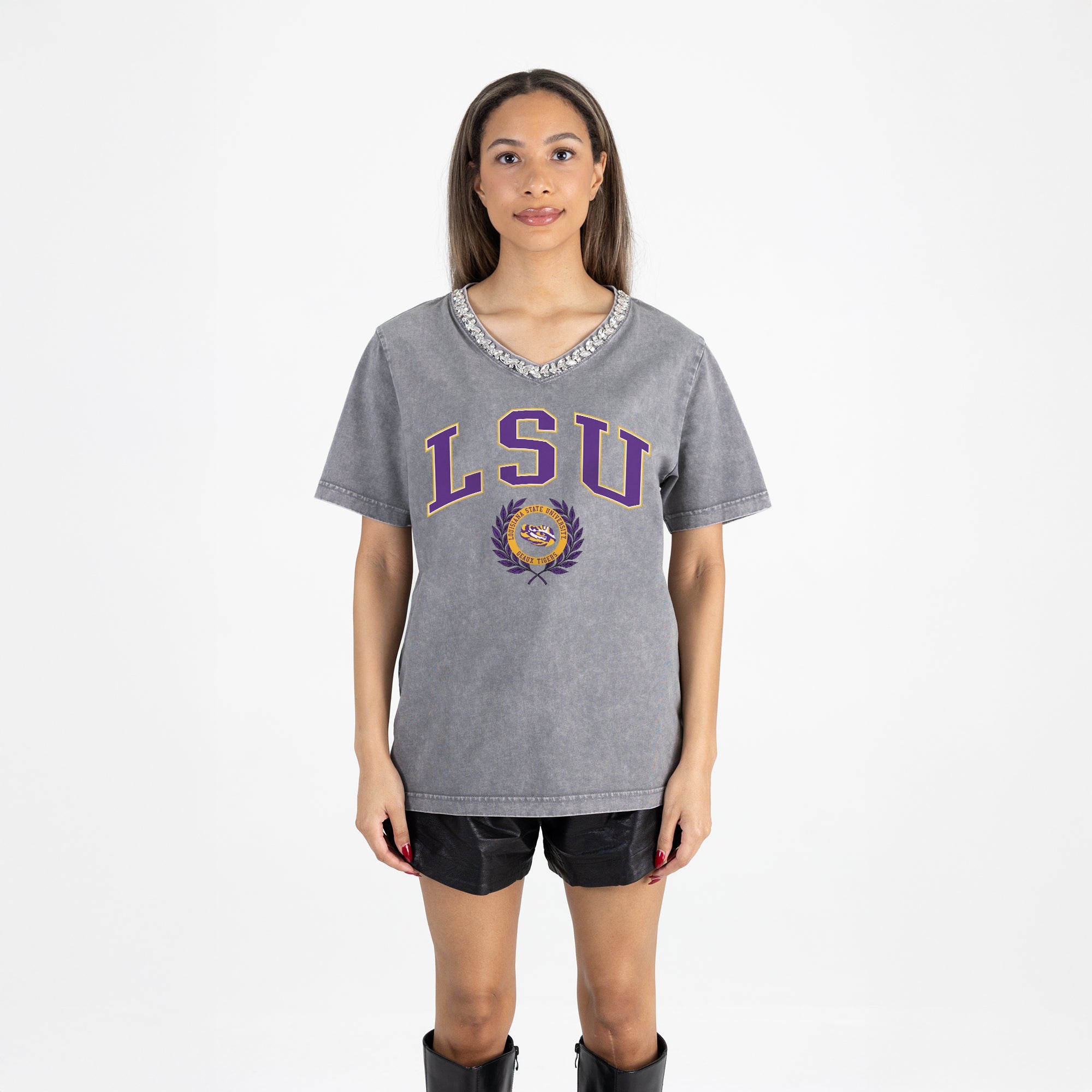 LSU TIGERS ICONIC EDGE RHINESTONE TRIM V-NECK TEE