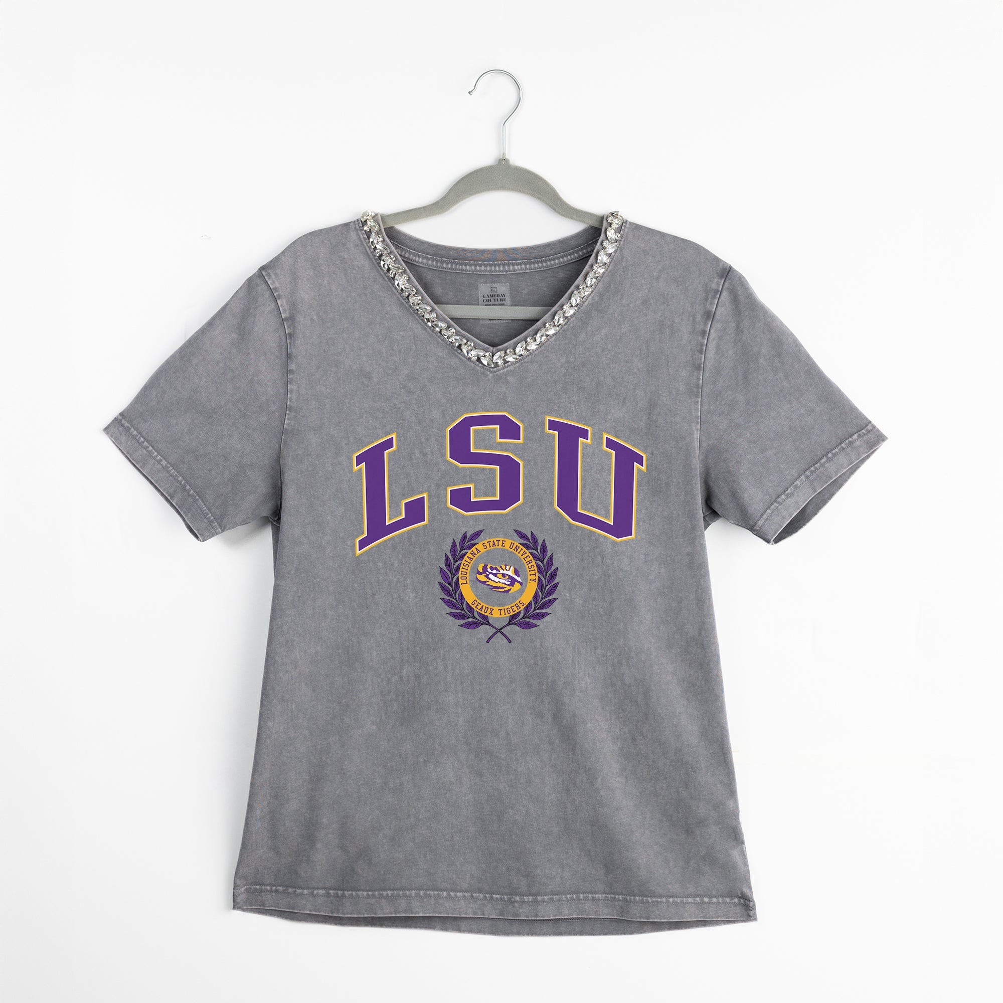 LSU TIGERS ICONIC EDGE RHINESTONE TRIM V-NECK TEE