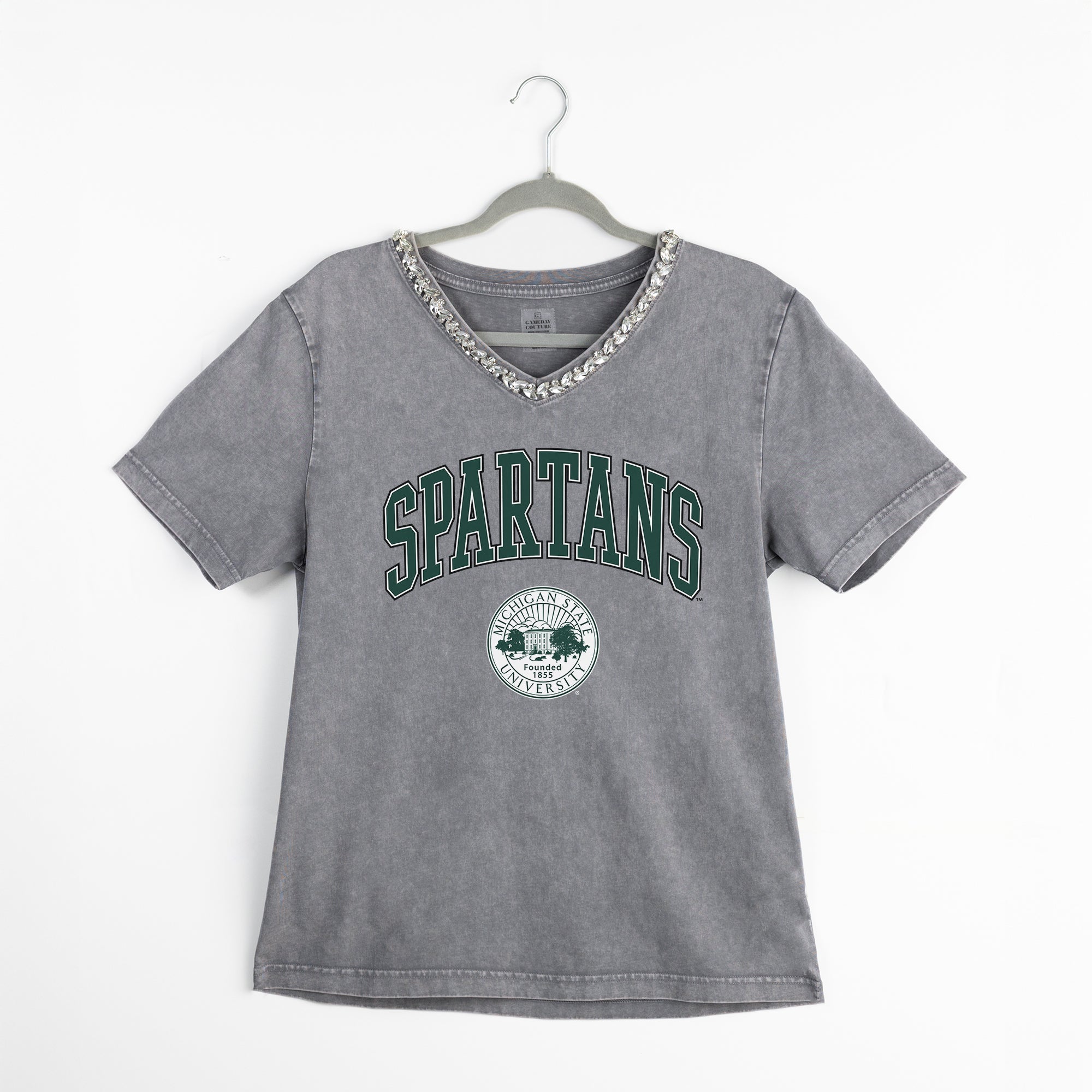 MICHIGAN STATE SPARTANS ICONIC EDGE RHINESTONE TRIM V-NECK TEE