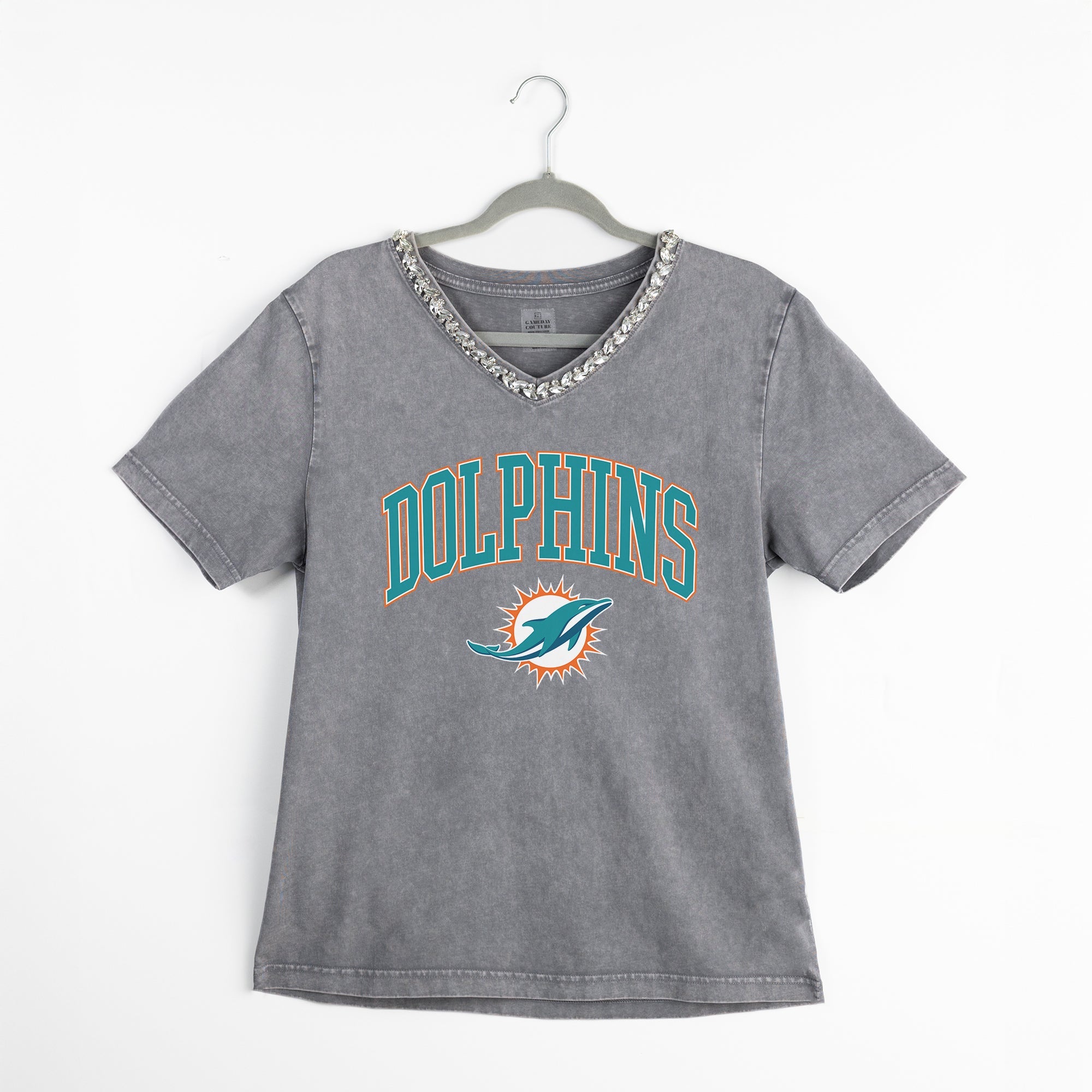 MIAMI DOLPHINS ICONIC EDGE RHINESTONE TRIM V-NECK TEE