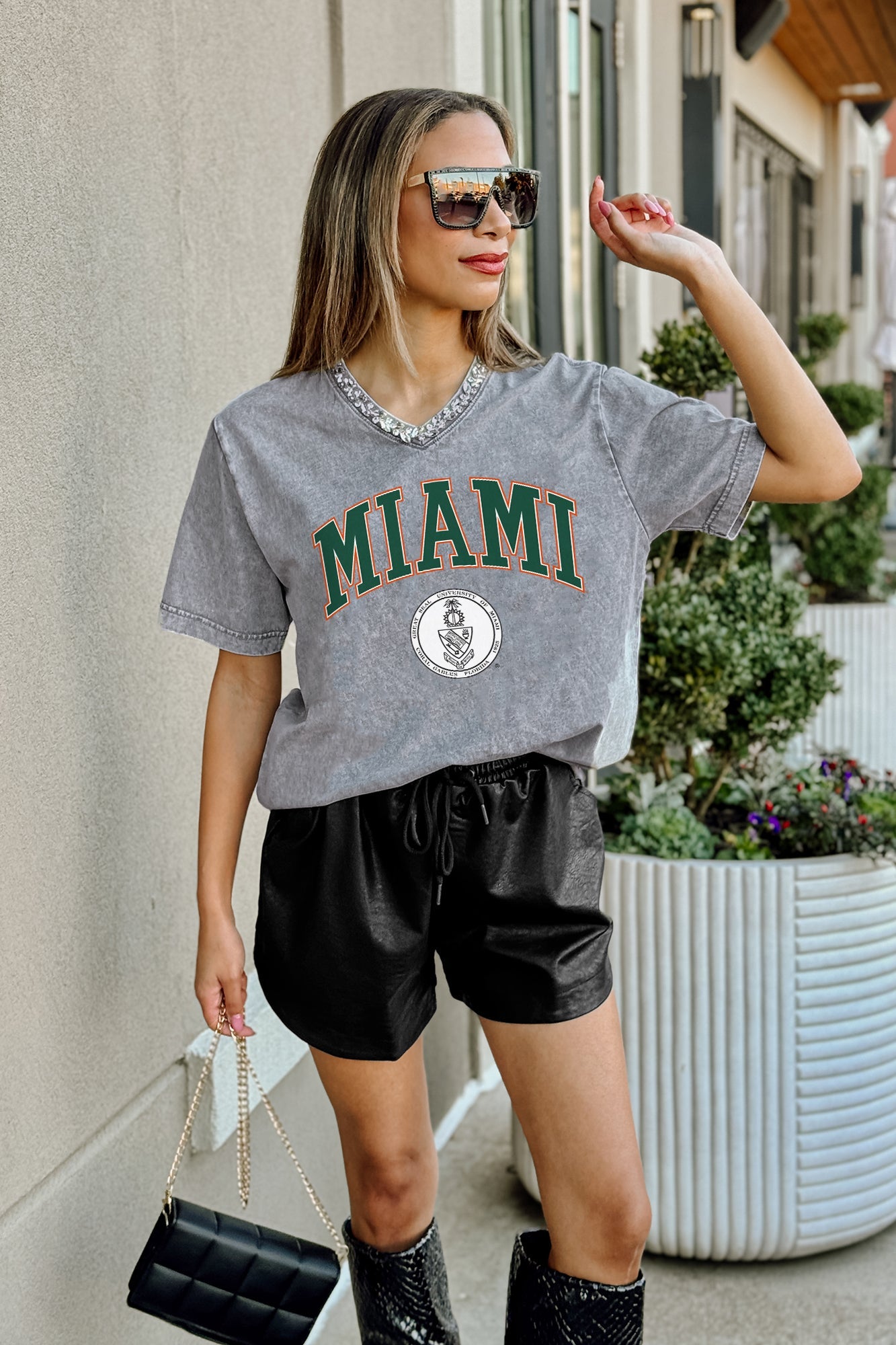 MIAMI HURRICANES ICONIC EDGE RHINESTONE TRIM V-NECK TEE