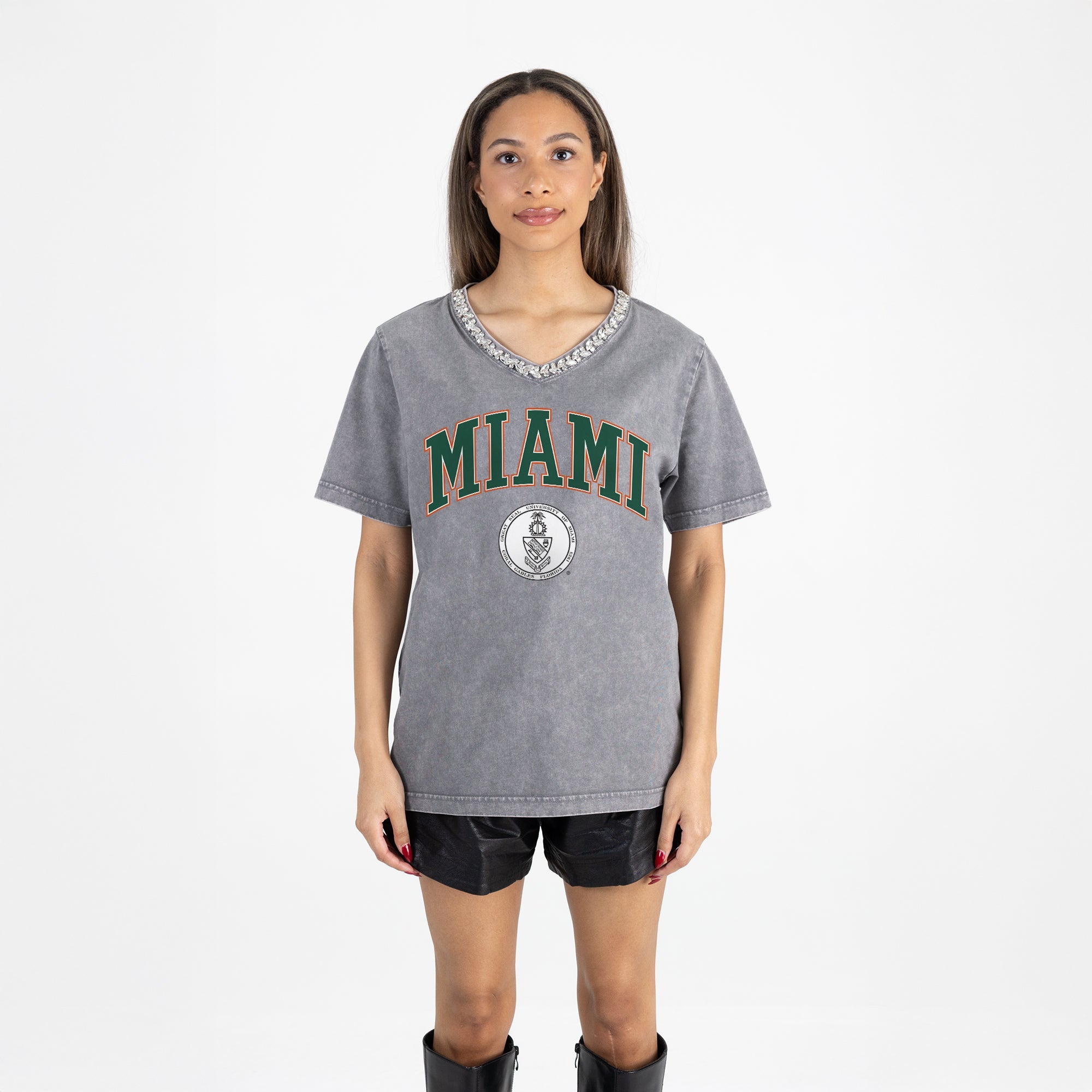MIAMI HURRICANES ICONIC EDGE RHINESTONE TRIM V-NECK TEE