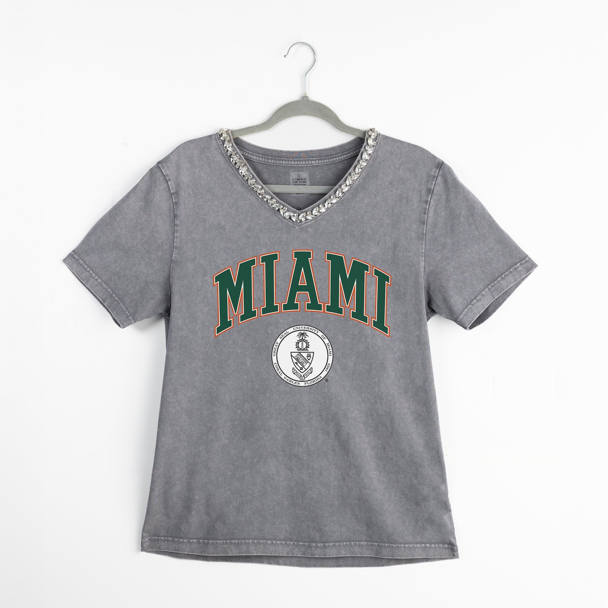 MIAMI HURRICANES ICONIC EDGE RHINESTONE TRIM V-NECK TEE