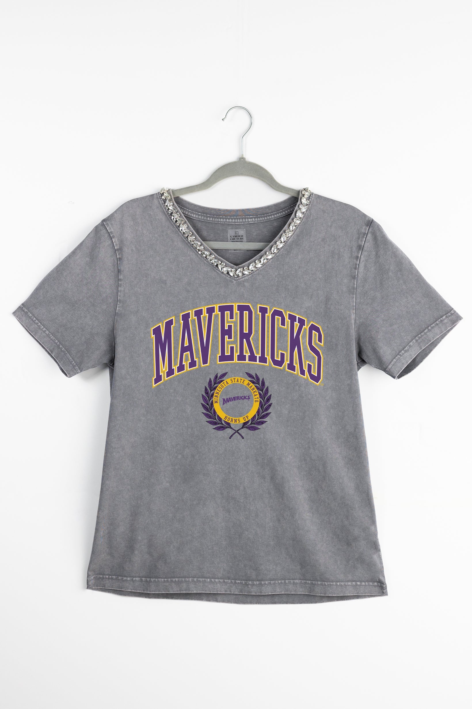 MINNESOTA STATE MANKATO MAVERICKS ICONIC EDGE RHINESTONE TRIM V-NECK TEE