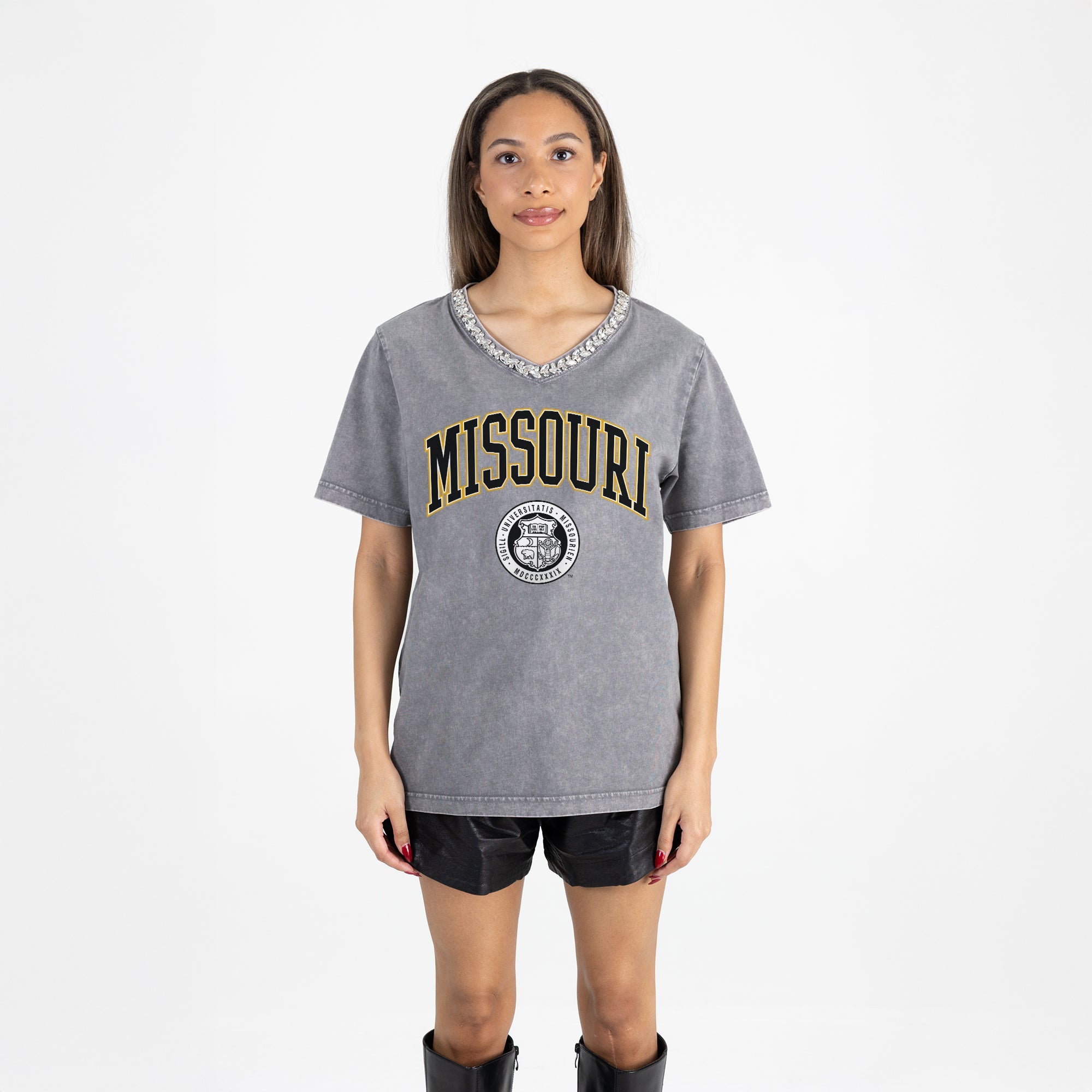 MISSOURI TIGERS ICONIC EDGE RHINESTONE TRIM V-NECK TEE