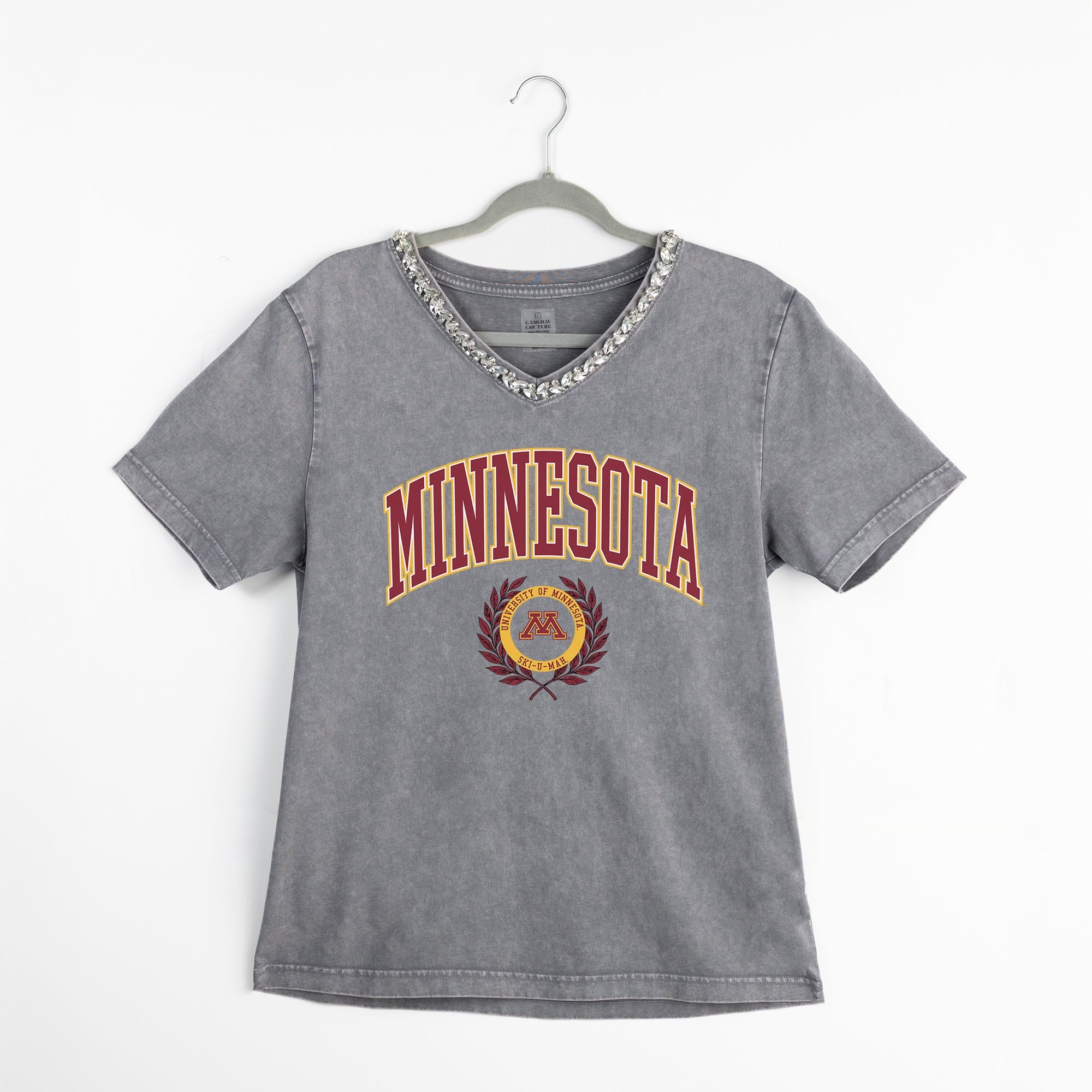 MINNESOTA GOLDEN GOPHERS ICONIC EDGE RHINESTONE TRIM V-NECK TEE