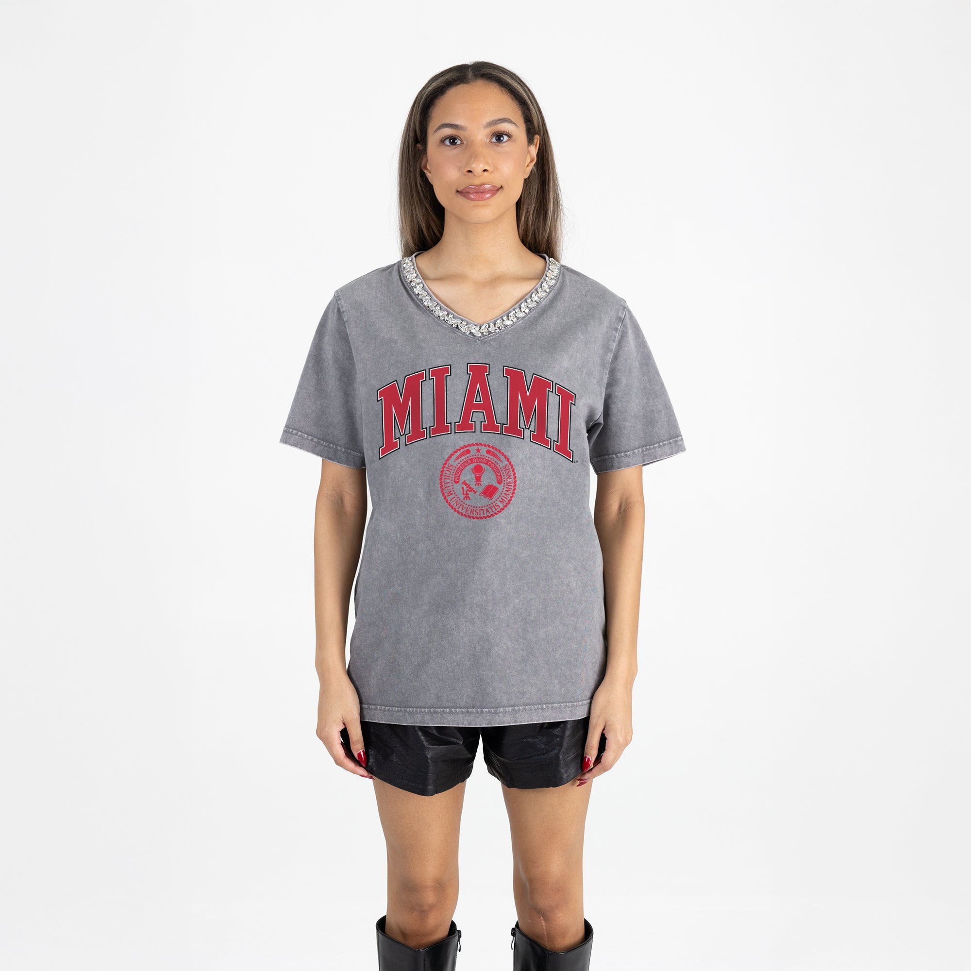 MIAMI OF OHIO REDHAWKS ICONIC EDGE RHINESTONE TRIM V-NECK TEE