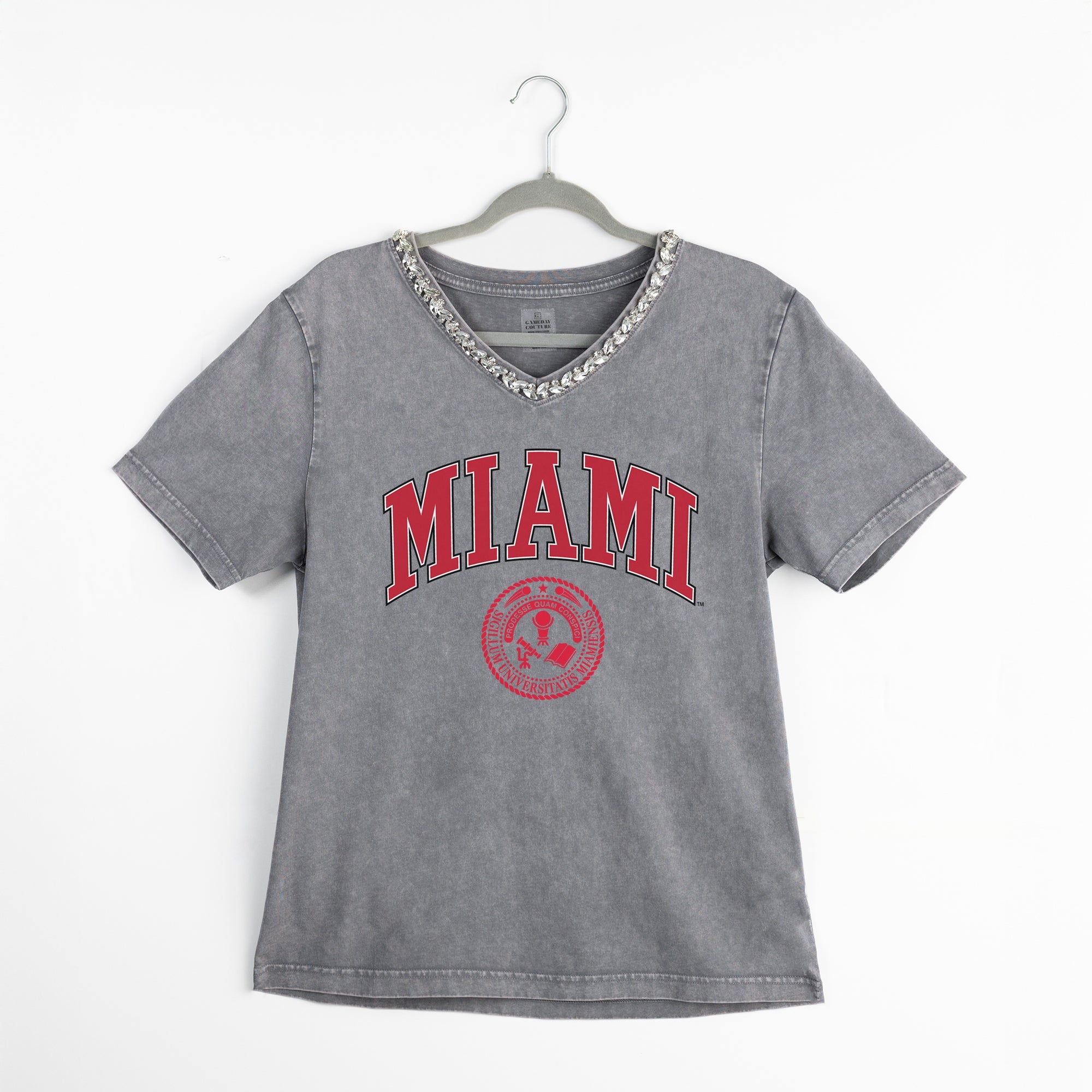 MIAMI OF OHIO REDHAWKS ICONIC EDGE RHINESTONE TRIM V-NECK TEE