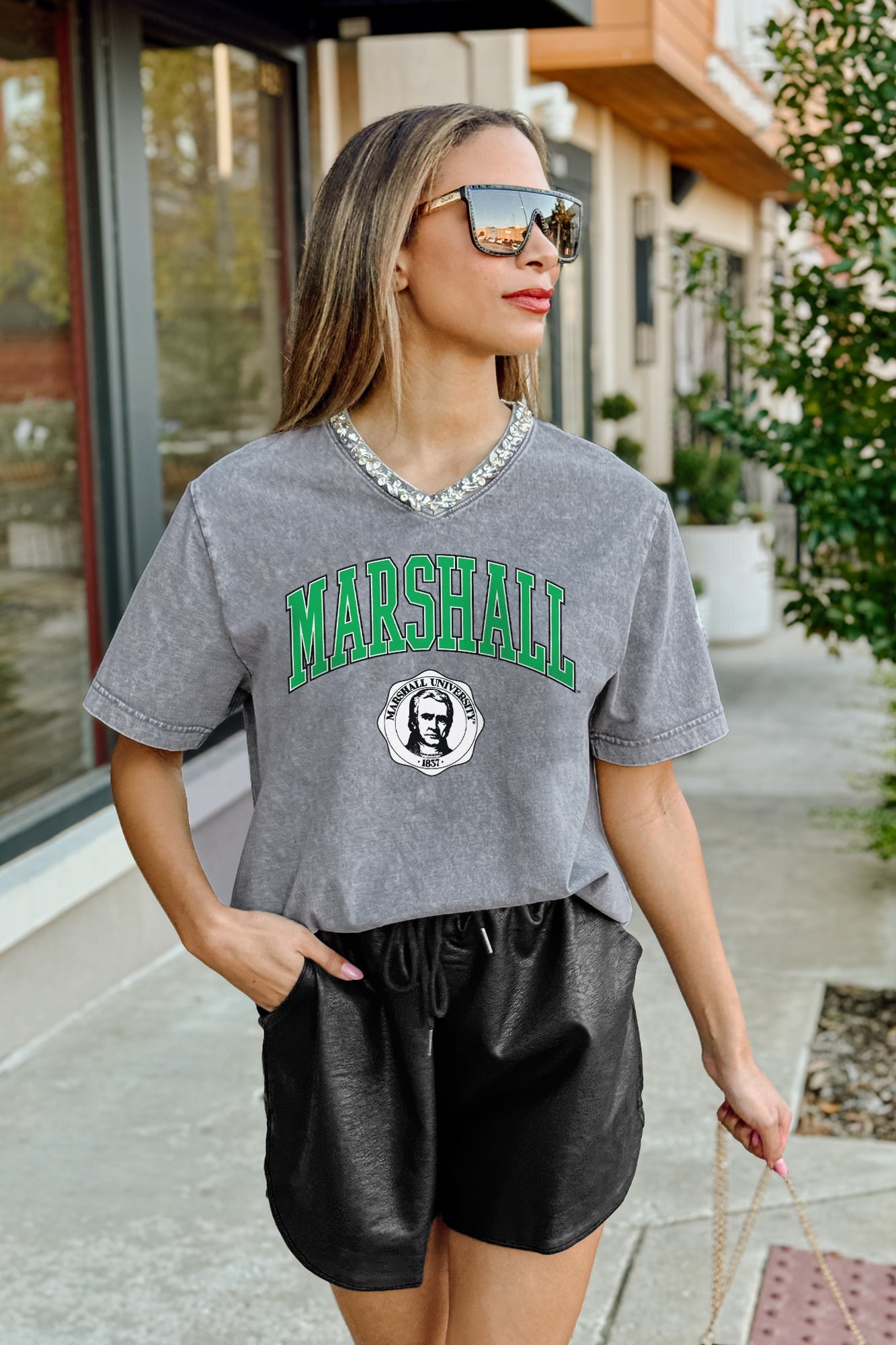 MARSHALL THUNDERING HERD ICONIC EDGE RHINESTONE TRIM V-NECK TEE