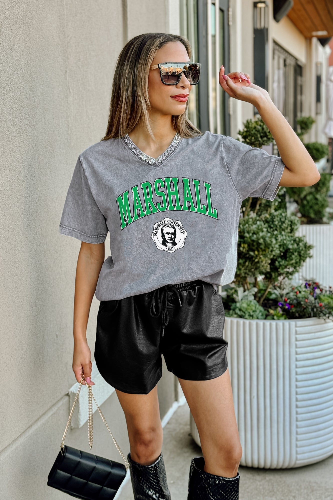 MARSHALL THUNDERING HERD ICONIC EDGE RHINESTONE TRIM V-NECK TEE