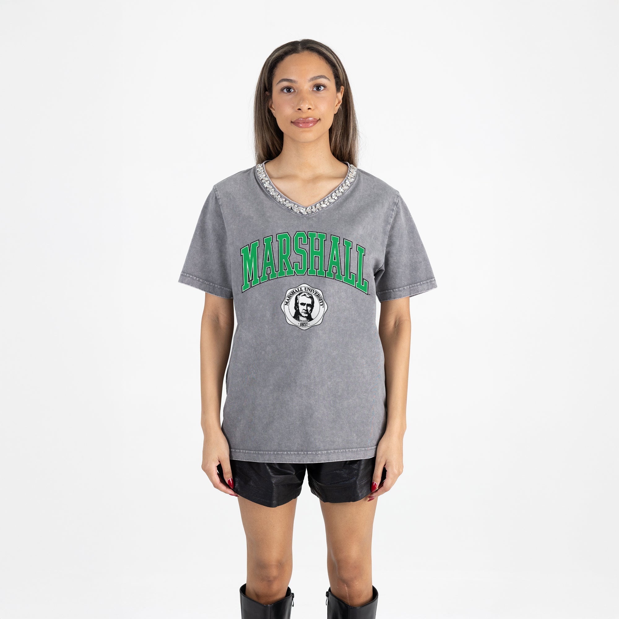 MARSHALL THUNDERING HERD ICONIC EDGE RHINESTONE TRIM V-NECK TEE