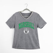 MARSHALL THUNDERING HERD ICONIC EDGE RHINESTONE TRIM V-NECK TEE