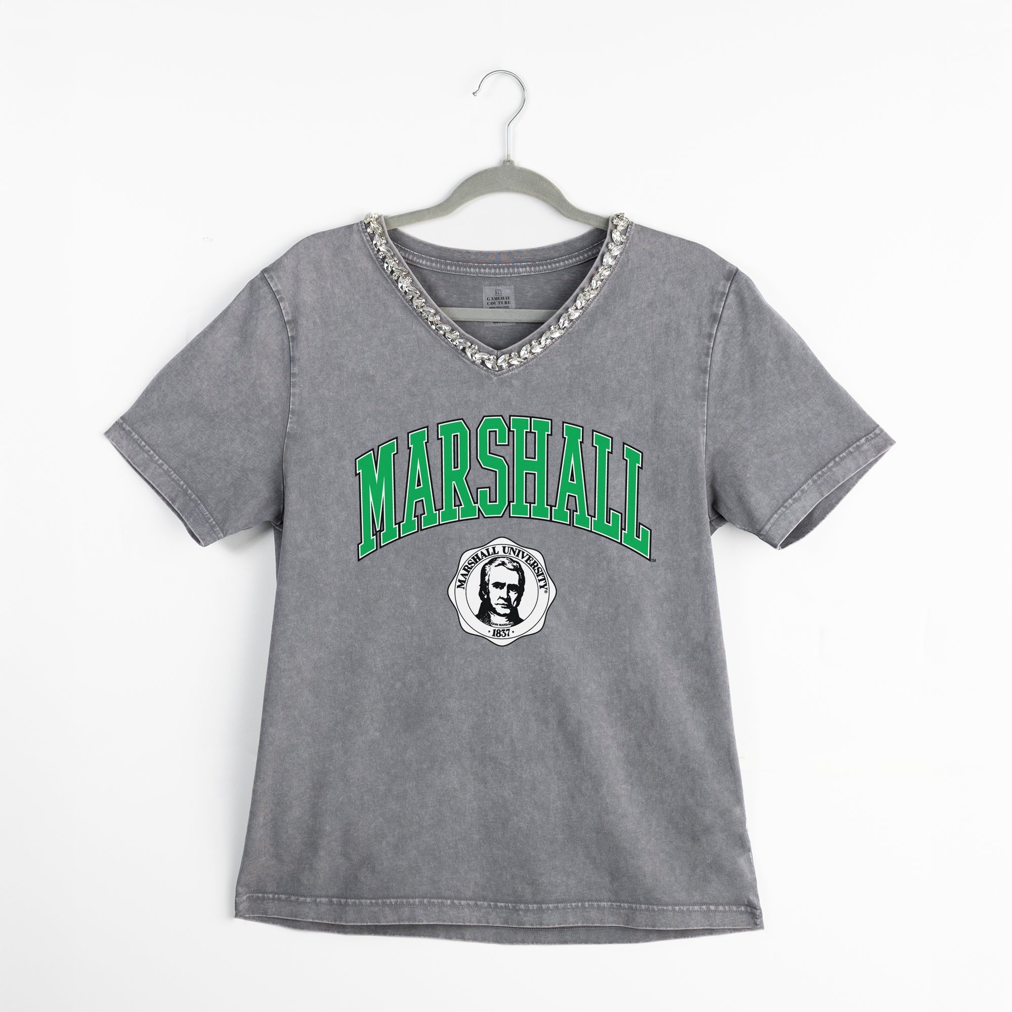 MARSHALL THUNDERING HERD ICONIC EDGE RHINESTONE TRIM V-NECK TEE