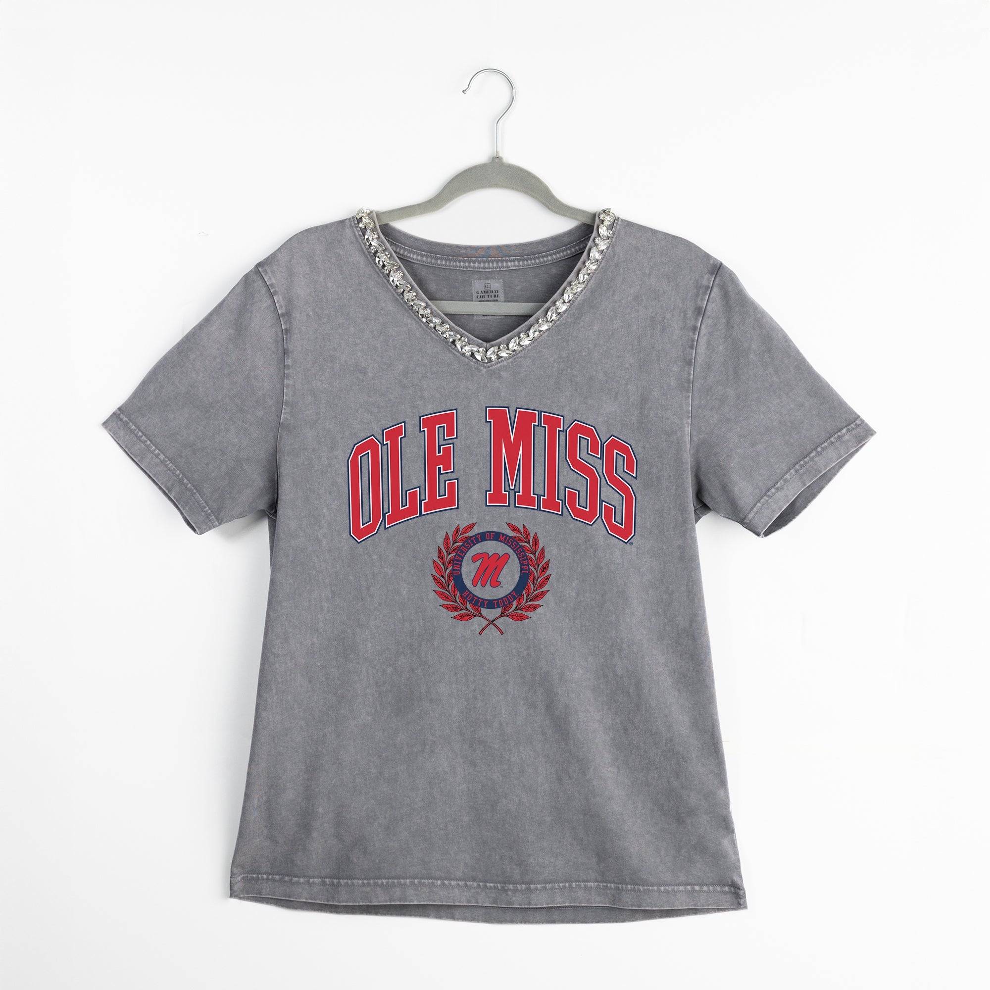 OLE MISS REBELS ICONIC EDGE RHINESTONE TRIM V-NECK TEE