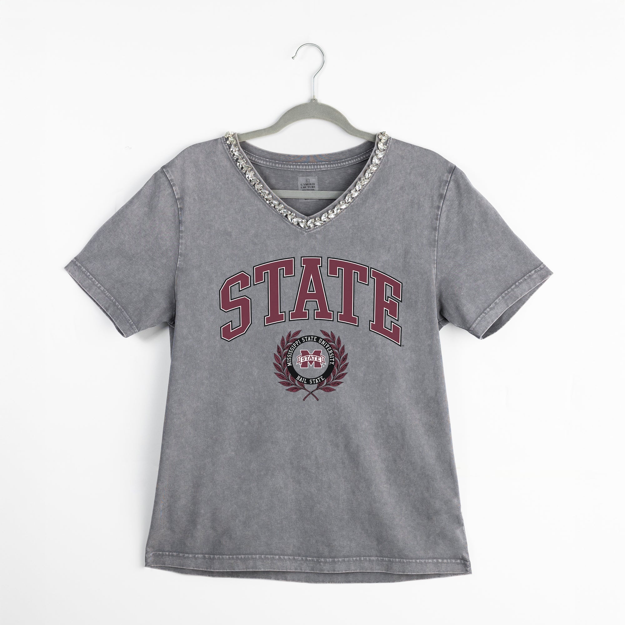 MISSISSIPPI STATE BULLDOGS ICONIC EDGE RHINESTONE TRIM V-NECK TEE