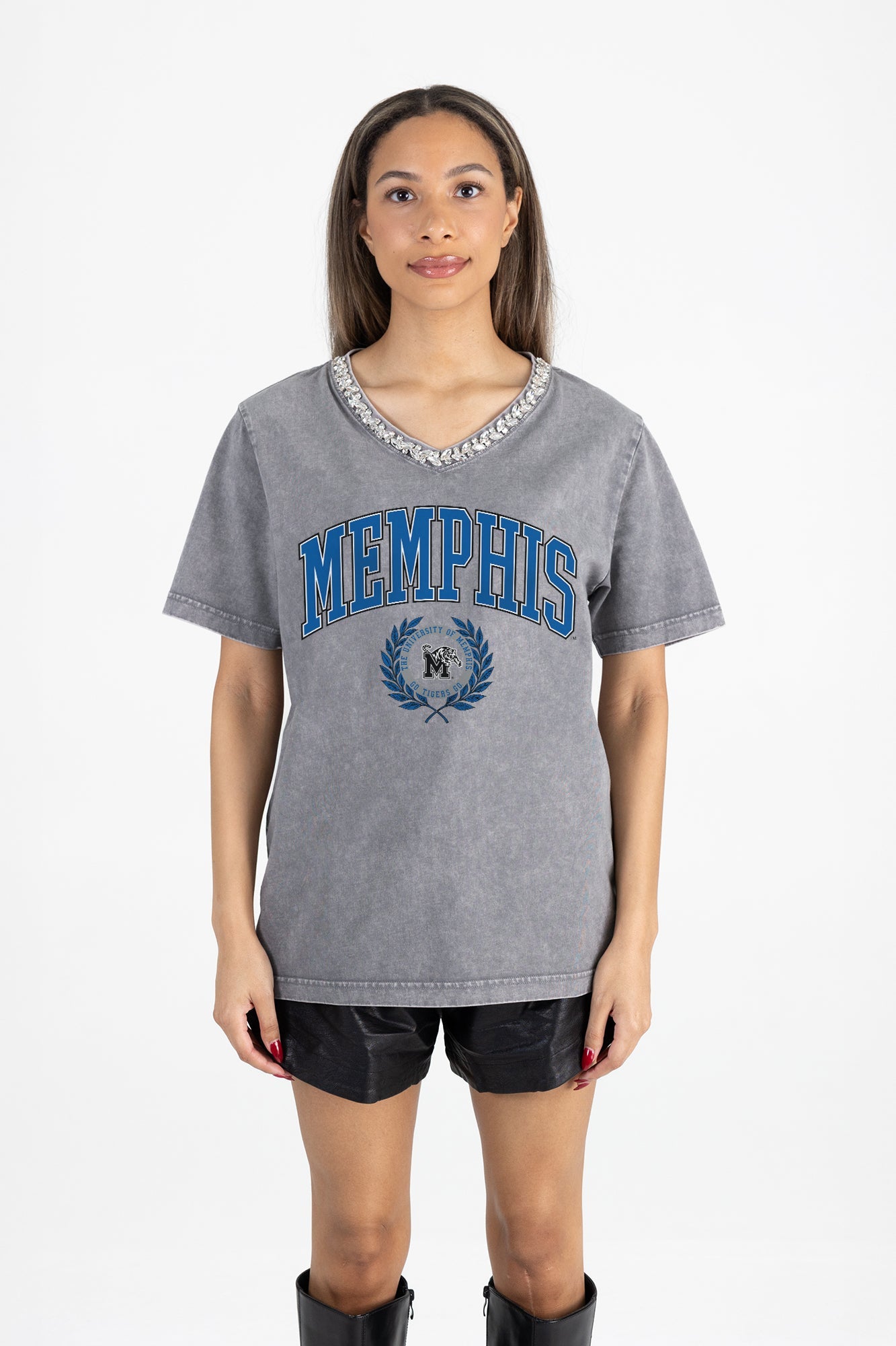 MEMPHIS TIGERS ICONIC EDGE RHINESTONE TRIM V-NECK TEE