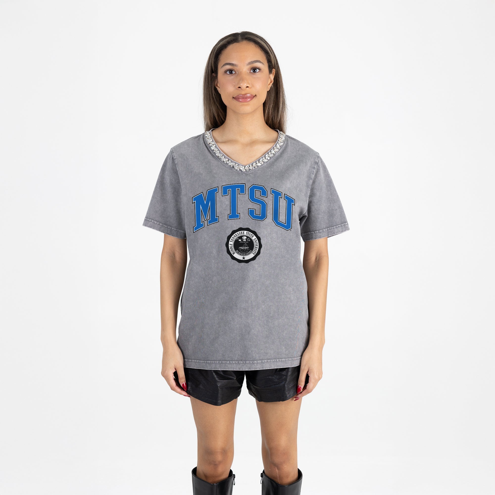 MIDDLE TENNESSEE STATE BLUE RAIDERS ICONIC EDGE RHINESTONE TRIM V-NECK TEE