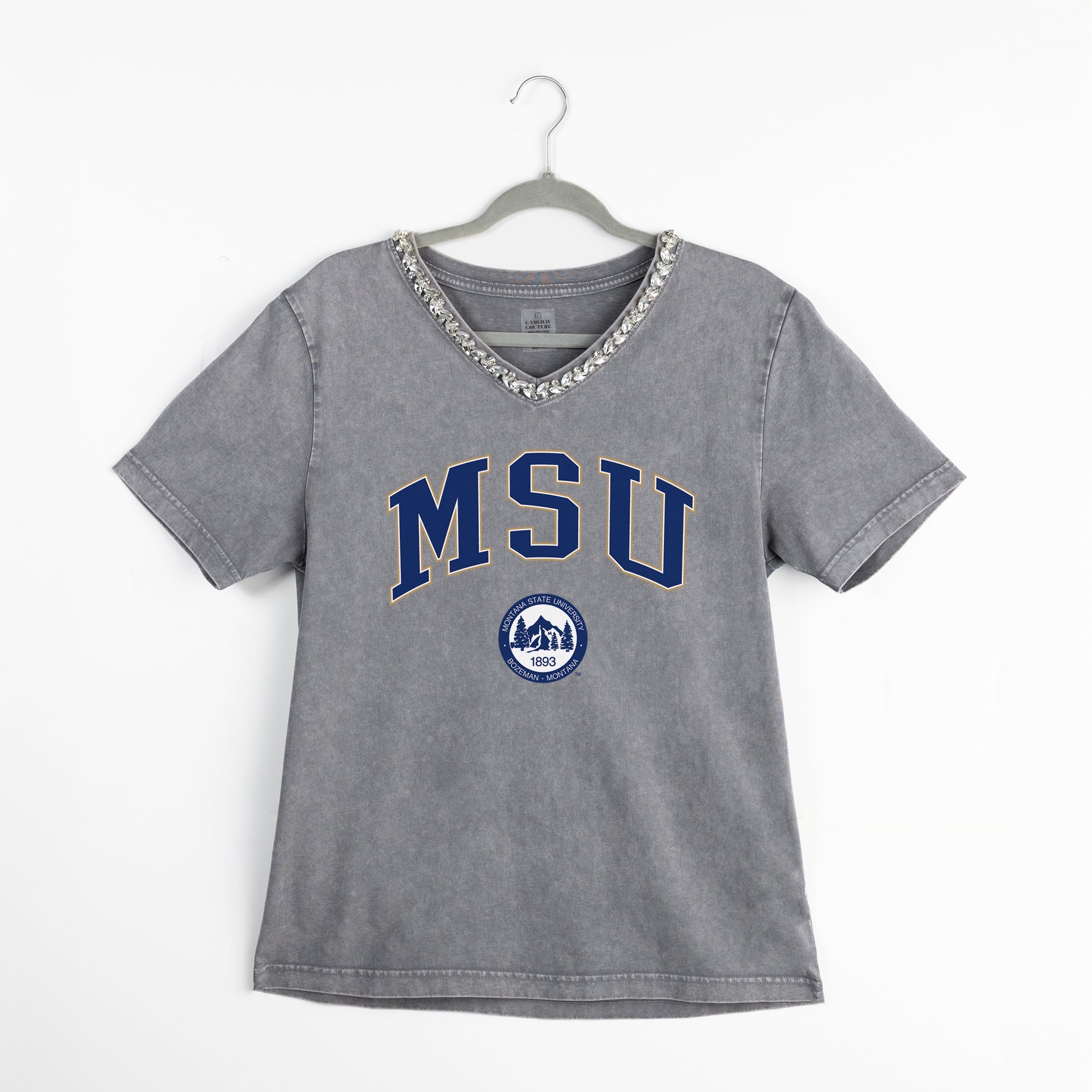 MONTANA STATE BOBCATS ICONIC EDGE RHINESTONE TRIM V-NECK TEE