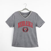 NEBRASKA CORNHUSKERS ICONIC EDGE RHINESTONE TRIM V-NECK TEE