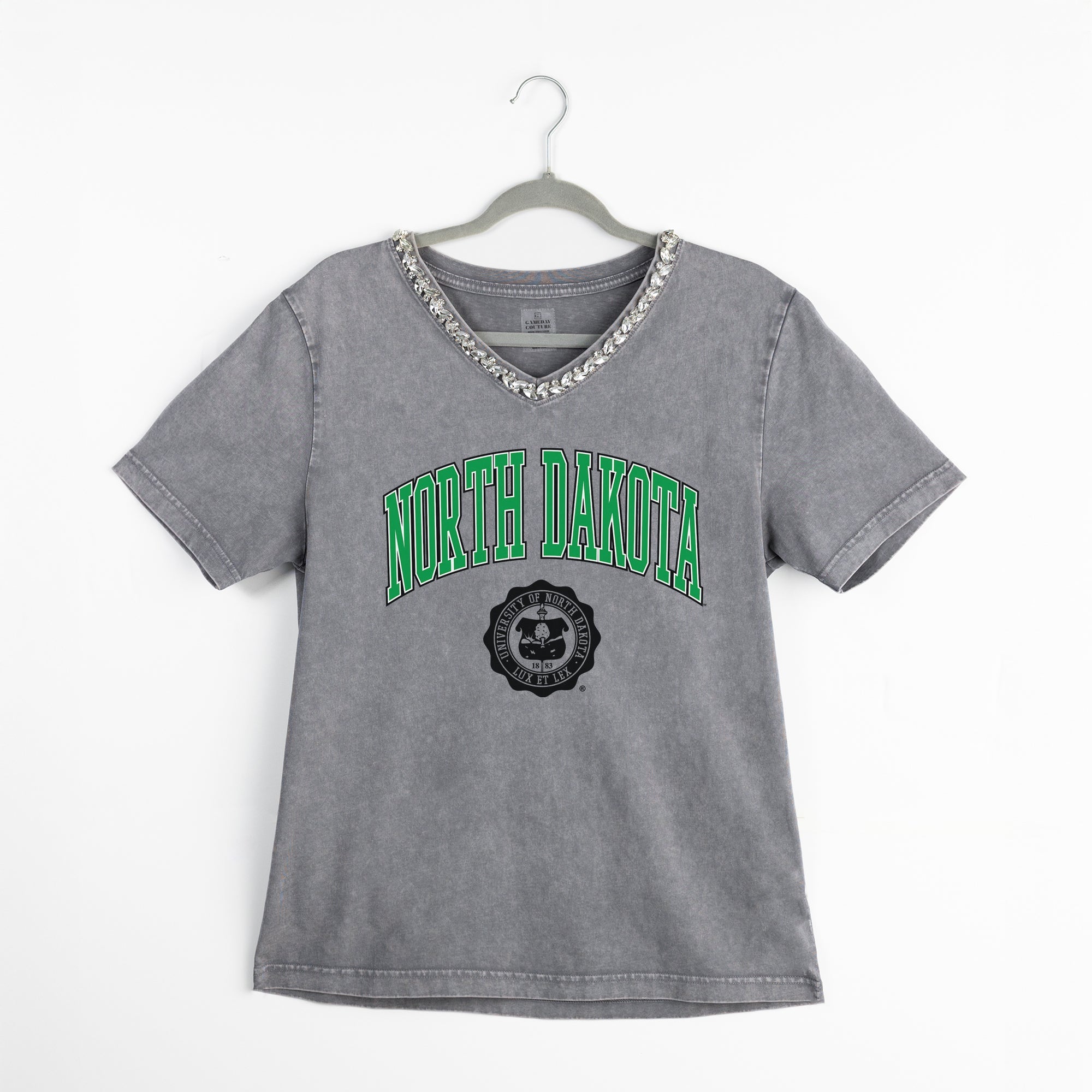 NORTH DAKOTA FIGHTING HAWKS ICONIC EDGE RHINESTONE TRIM V-NECK TEE