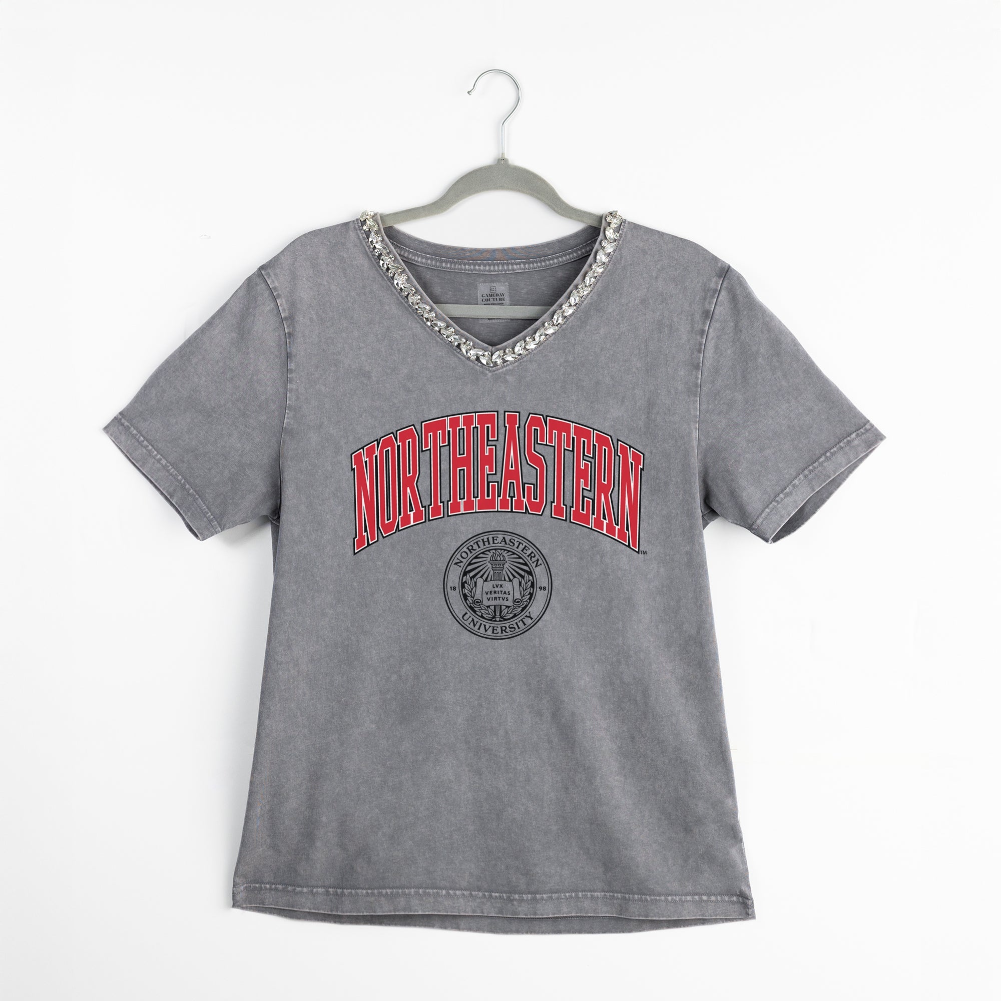 NORTHEASTERN HUSKIES ICONIC EDGE RHINESTONE TRIM V-NECK TEE