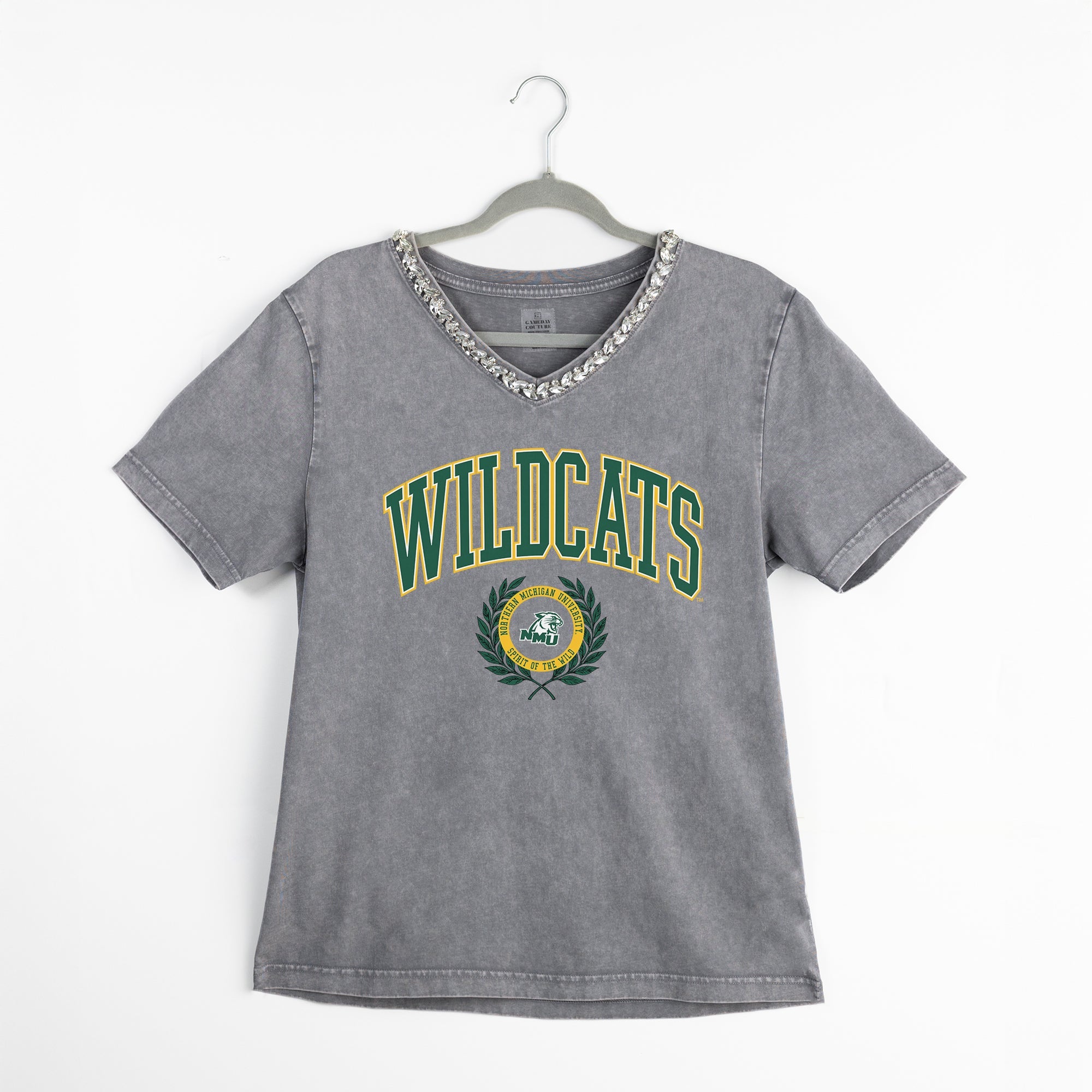 NORTHERN MICHIGAN WILDCATS ICONIC EDGE RHINESTONE TRIM V-NECK TEE