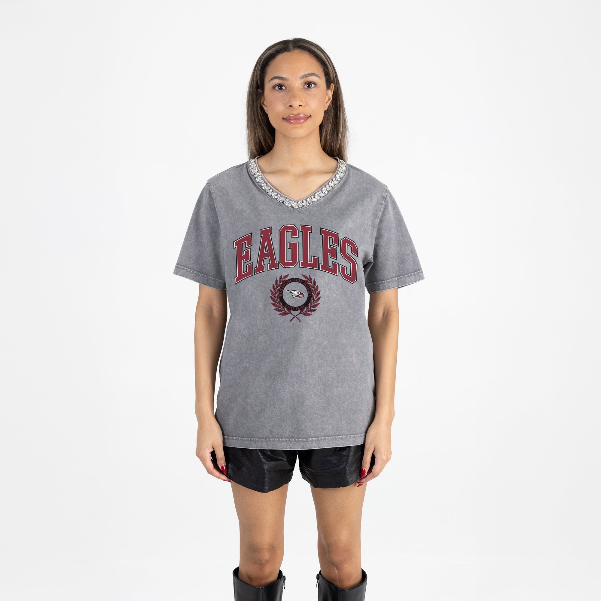 NORTH CAROLINA CENTRAL EAGLES ICONIC EDGE RHINESTONE TRIM V-NECK TEE