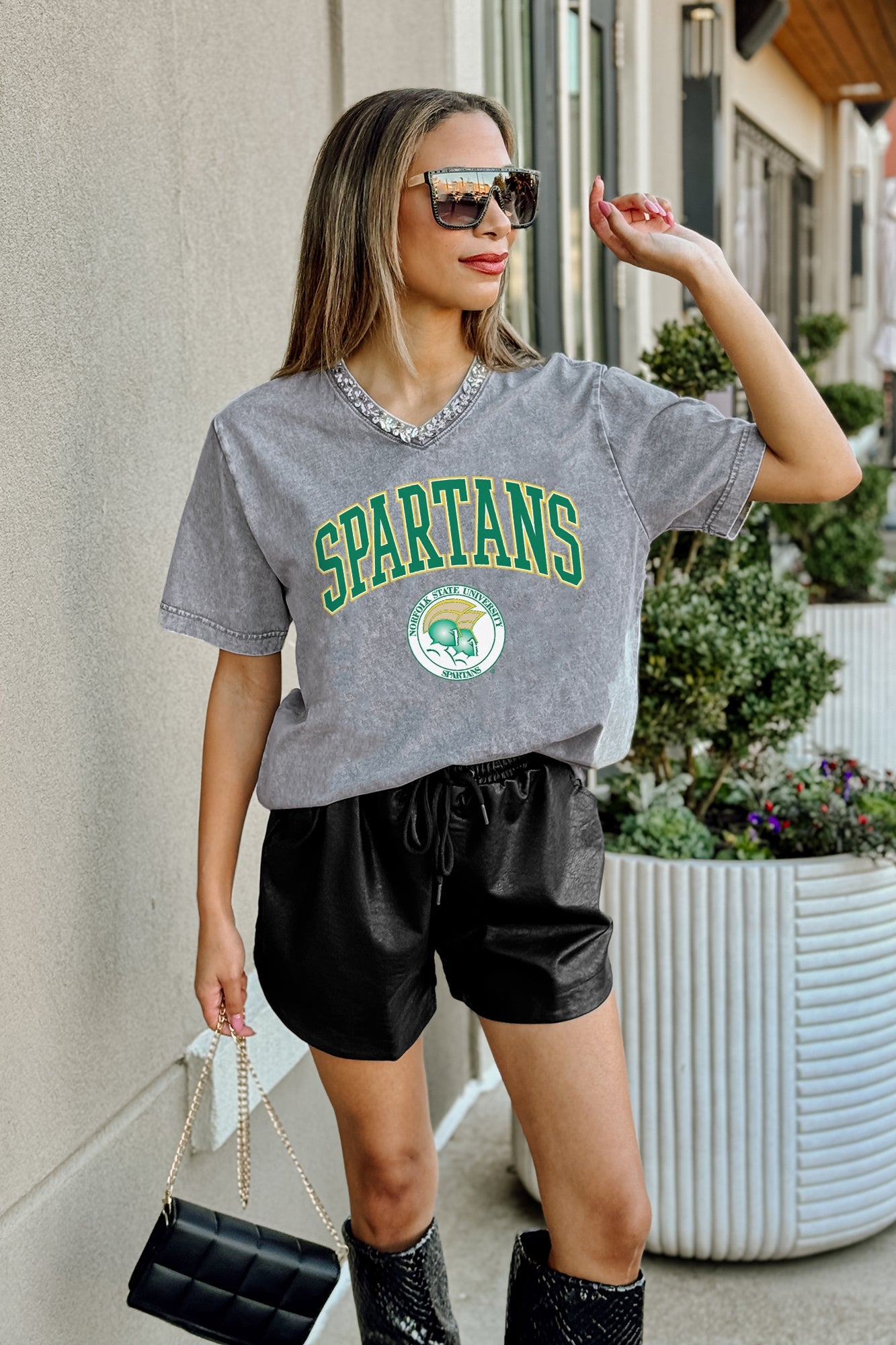 NORFOLK STATE SPARTANS ICONIC EDGE RHINESTONE TRIM V-NECK TEE