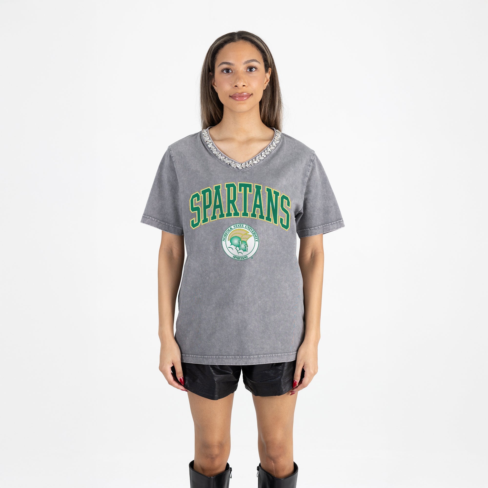 NORFOLK STATE SPARTANS ICONIC EDGE RHINESTONE TRIM V-NECK TEE