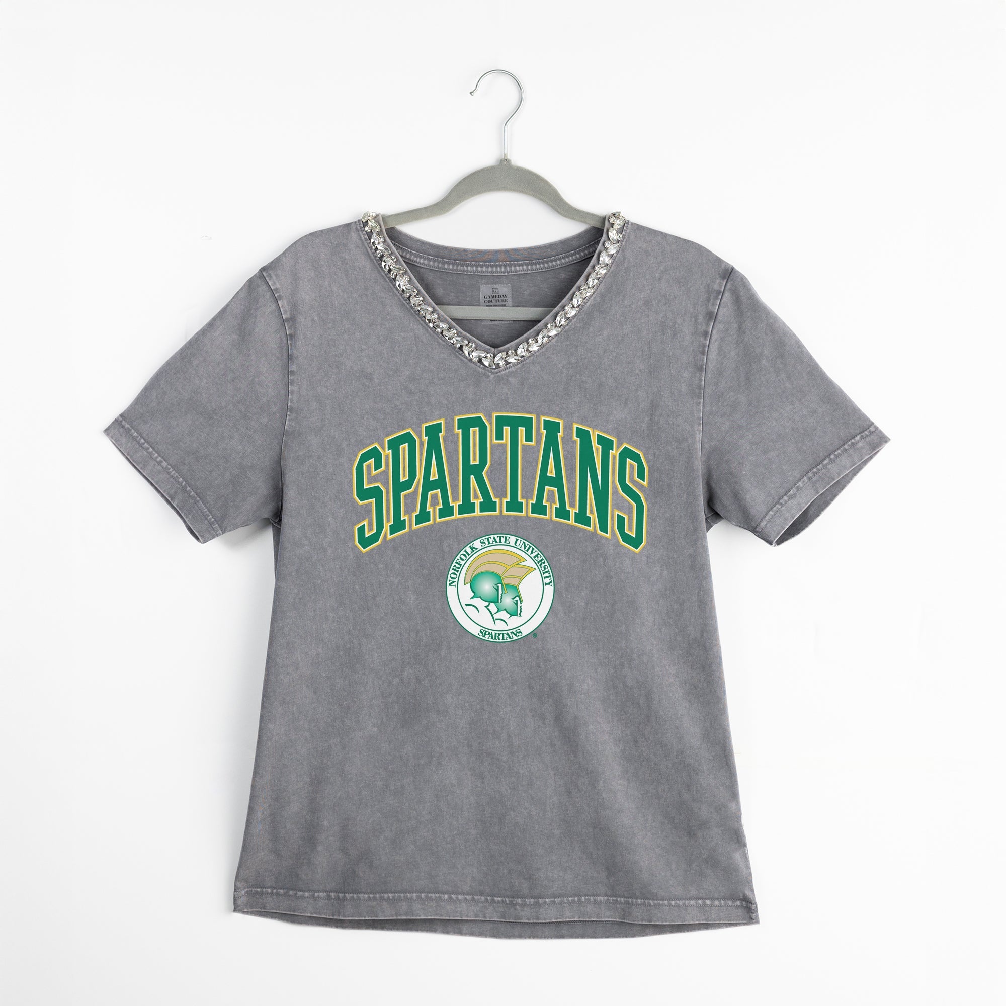 NORFOLK STATE SPARTANS ICONIC EDGE RHINESTONE TRIM V-NECK TEE