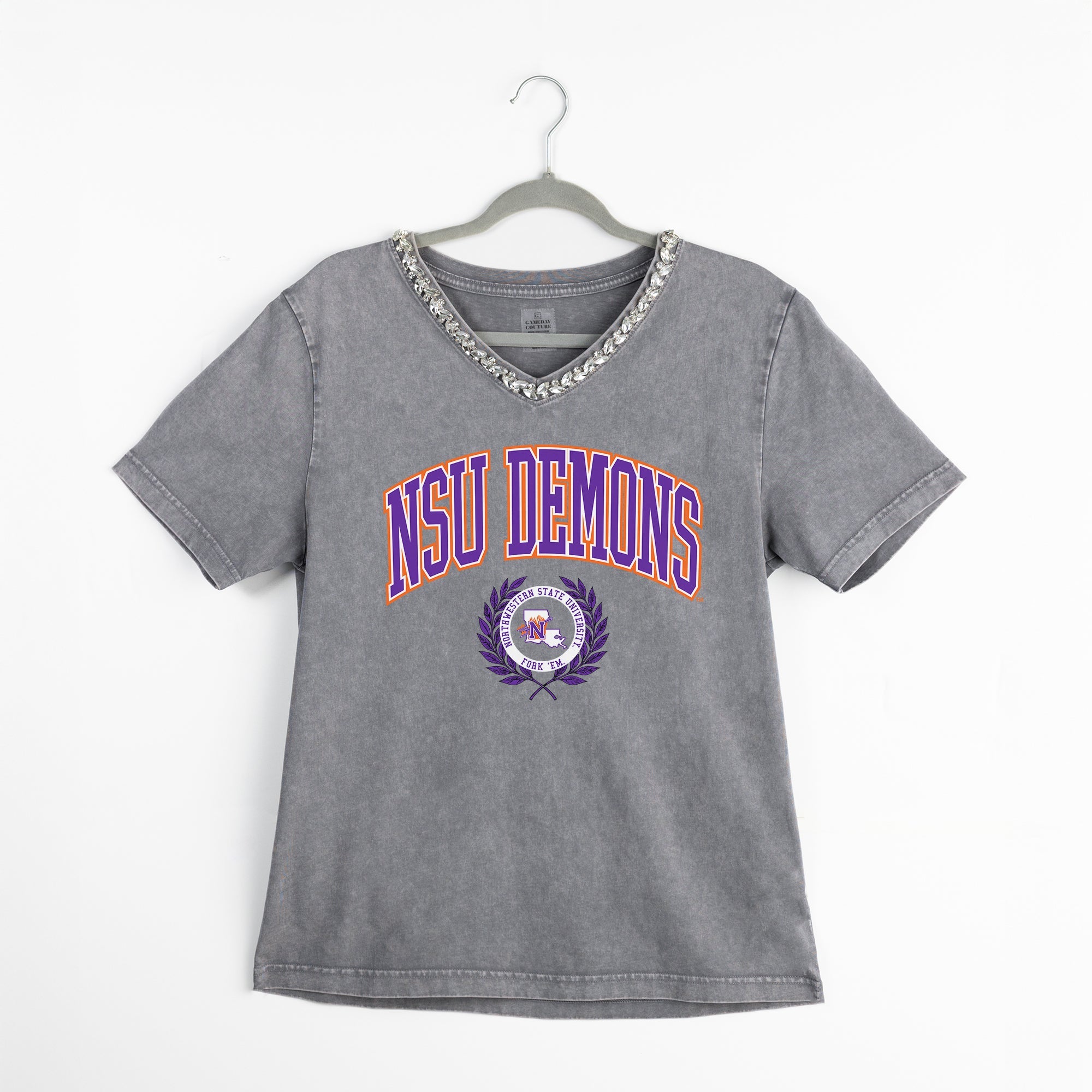 NORTHWESTERN STATE DEMONS ICONIC EDGE RHINESTONE TRIM V-NECK TEE