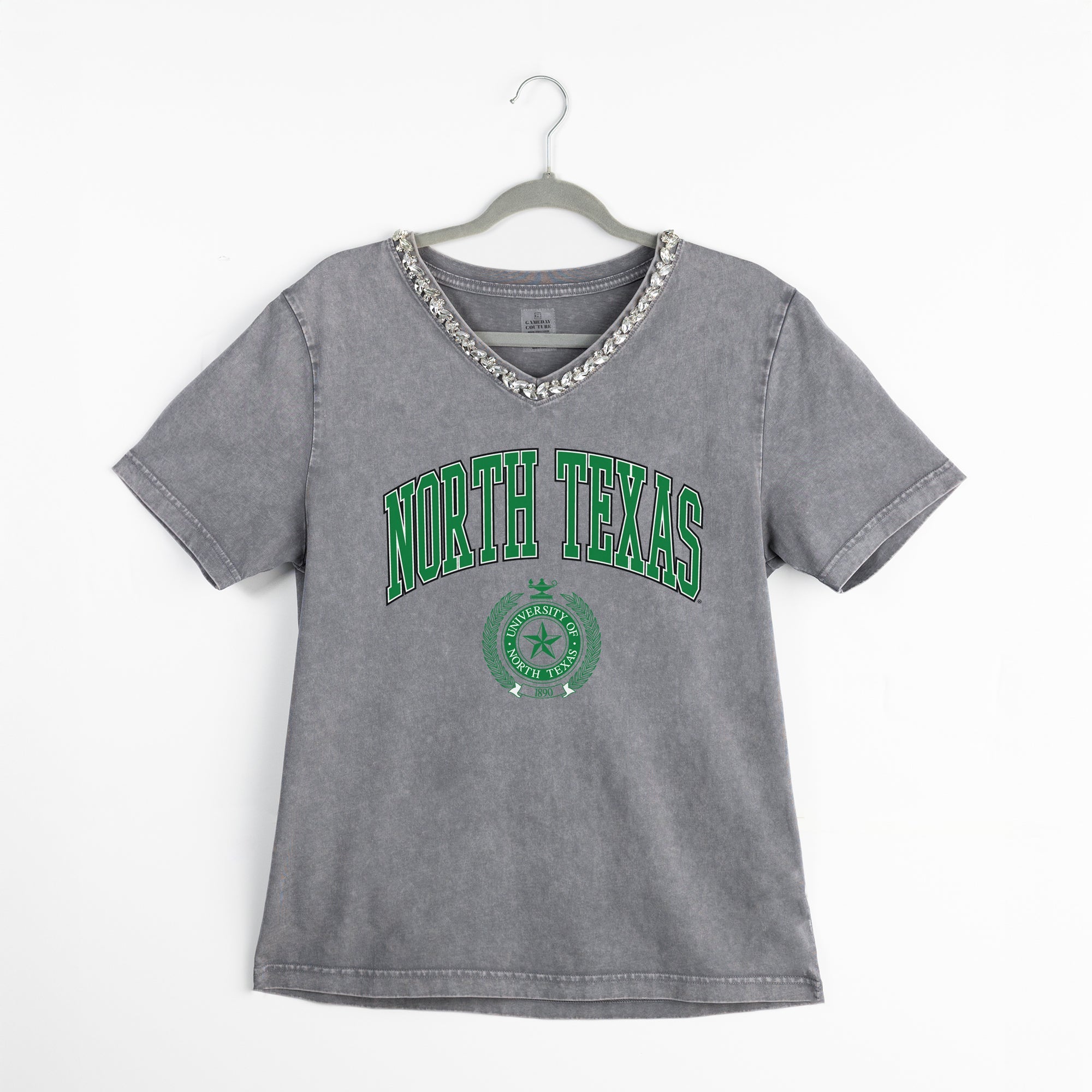 NORTH TEXAS MEAN GREEN ICONIC EDGE RHINESTONE TRIM V-NECK TEE