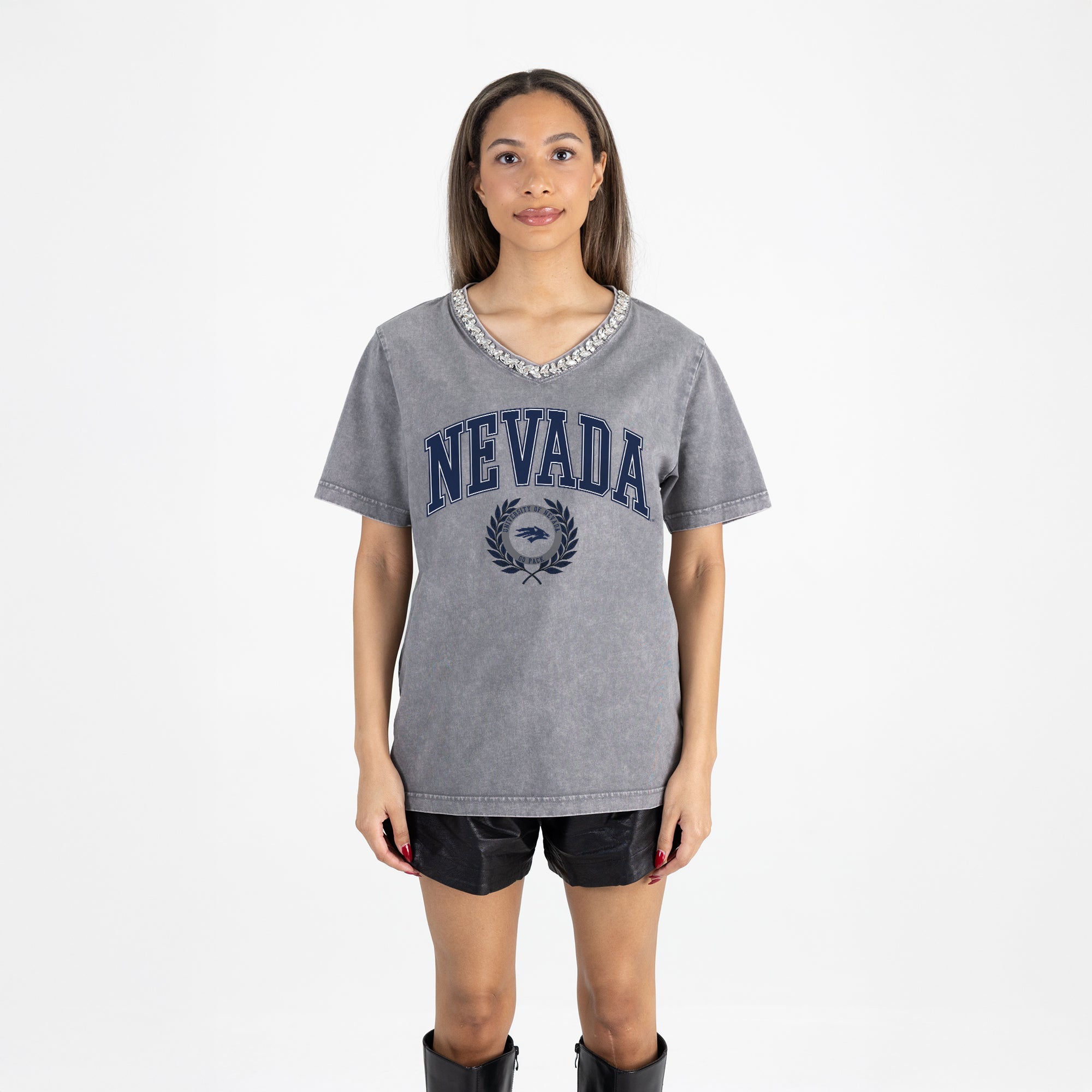 NEVADA WOLF PACK ICONIC EDGE RHINESTONE TRIM V-NECK TEE