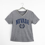 NEVADA WOLF PACK ICONIC EDGE RHINESTONE TRIM V-NECK TEE