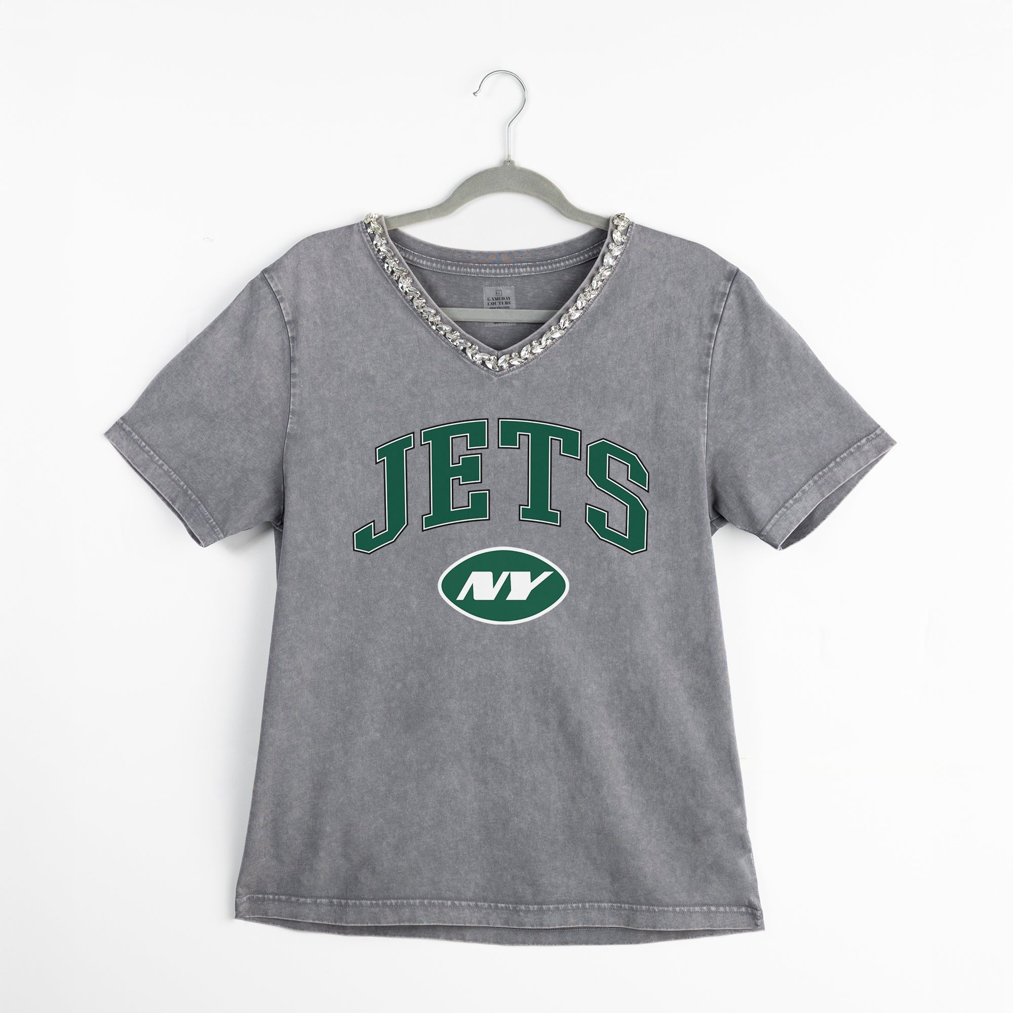 NEW YORK JETS ICONIC EDGE RHINESTONE TRIM V-NECK TEE